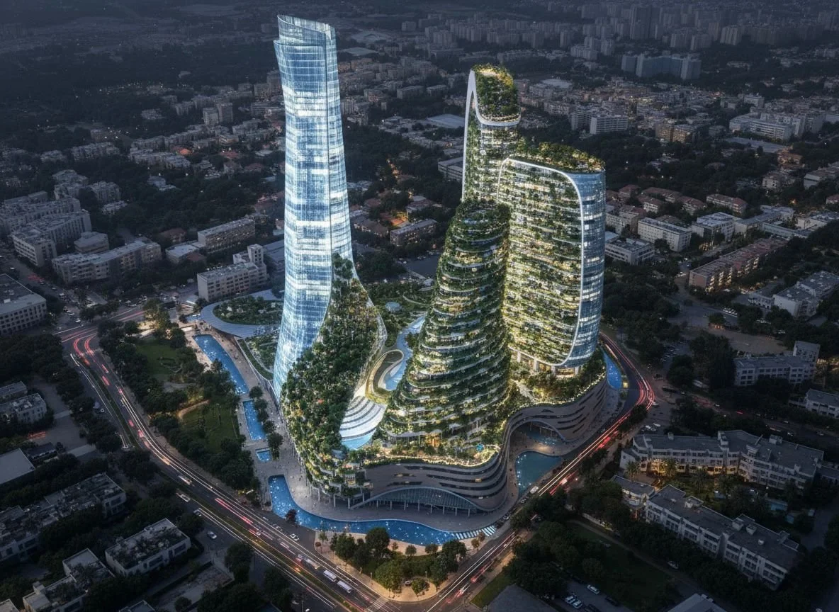 Aerial night view of modern high-rise buildings with green rooftops and curved designs, surrounded by a cityscape with roads and smaller buildings.