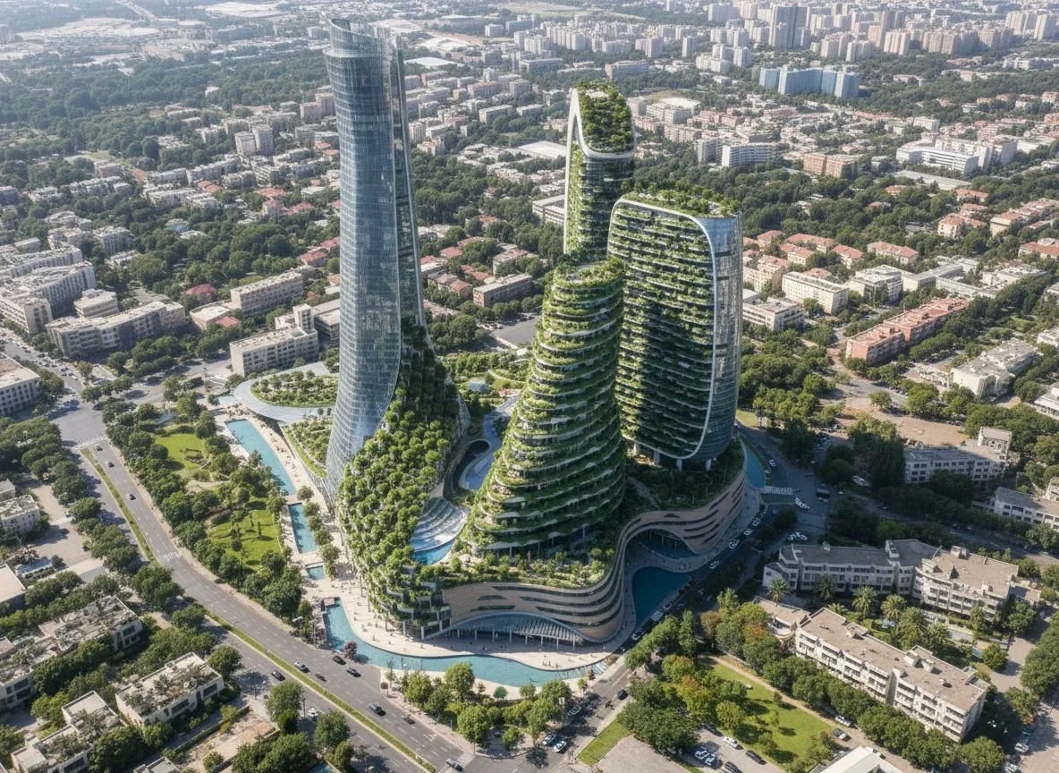 Aerial view of modern skyscrapers with green terraces in an urban area, featuring tall glass buildings and surrounding residential neighborhoods with trees.