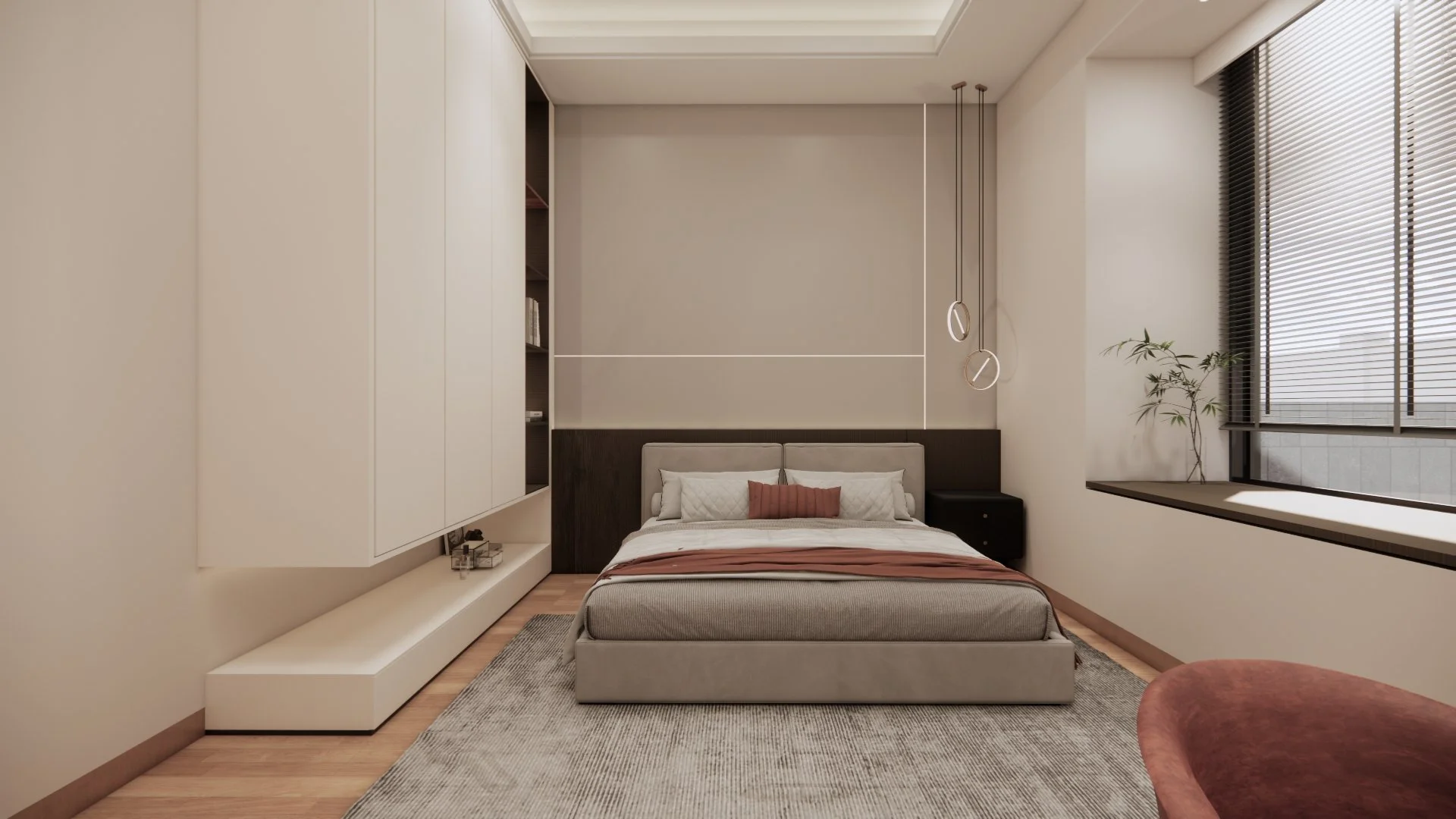 Modern bedroom with bed, pendant lights, window with blinds, plant, and built-in shelving