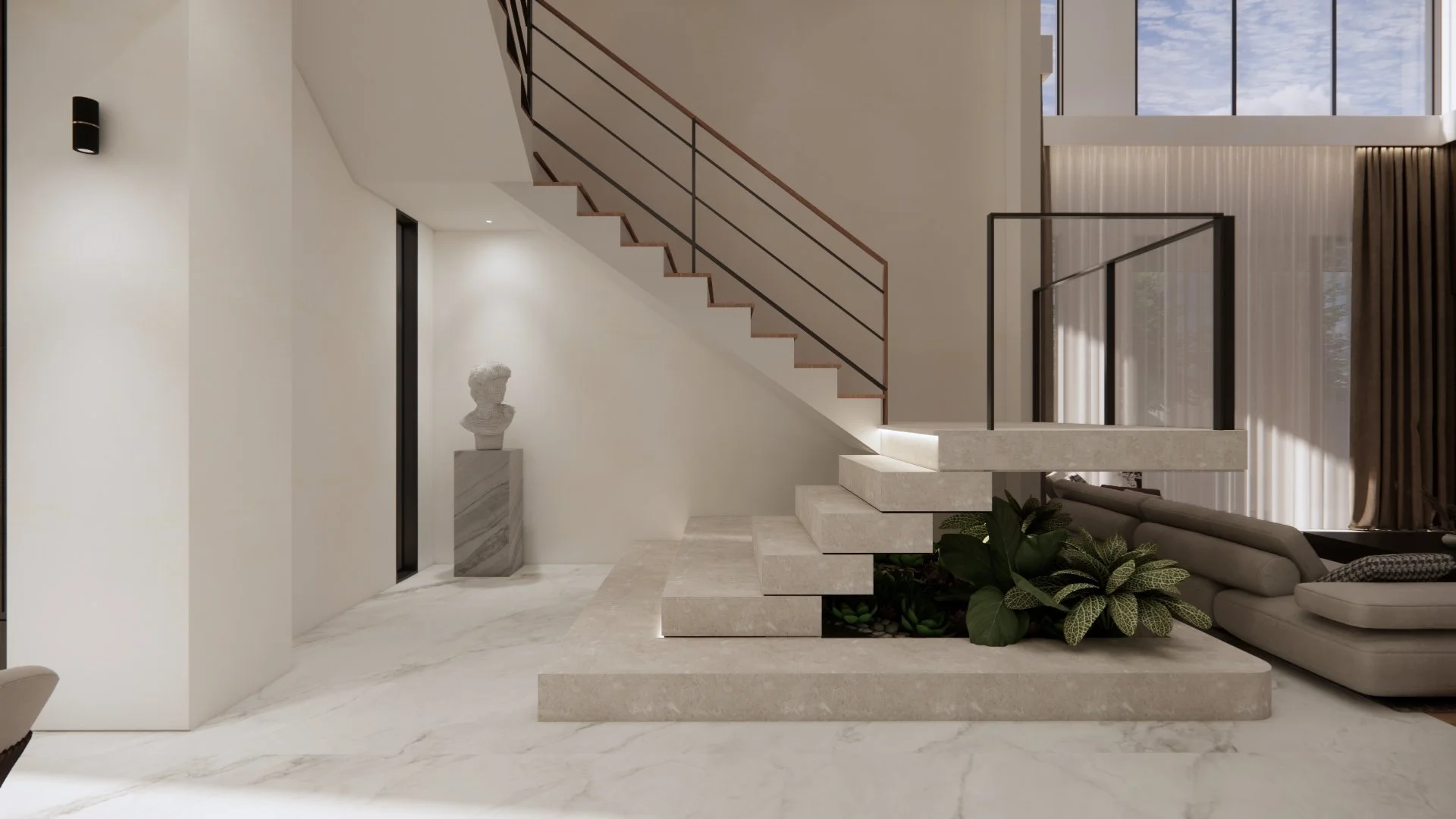 Modern living room with staircase, marble floors, a bust on a pedestal, and sheer curtains on large windows.