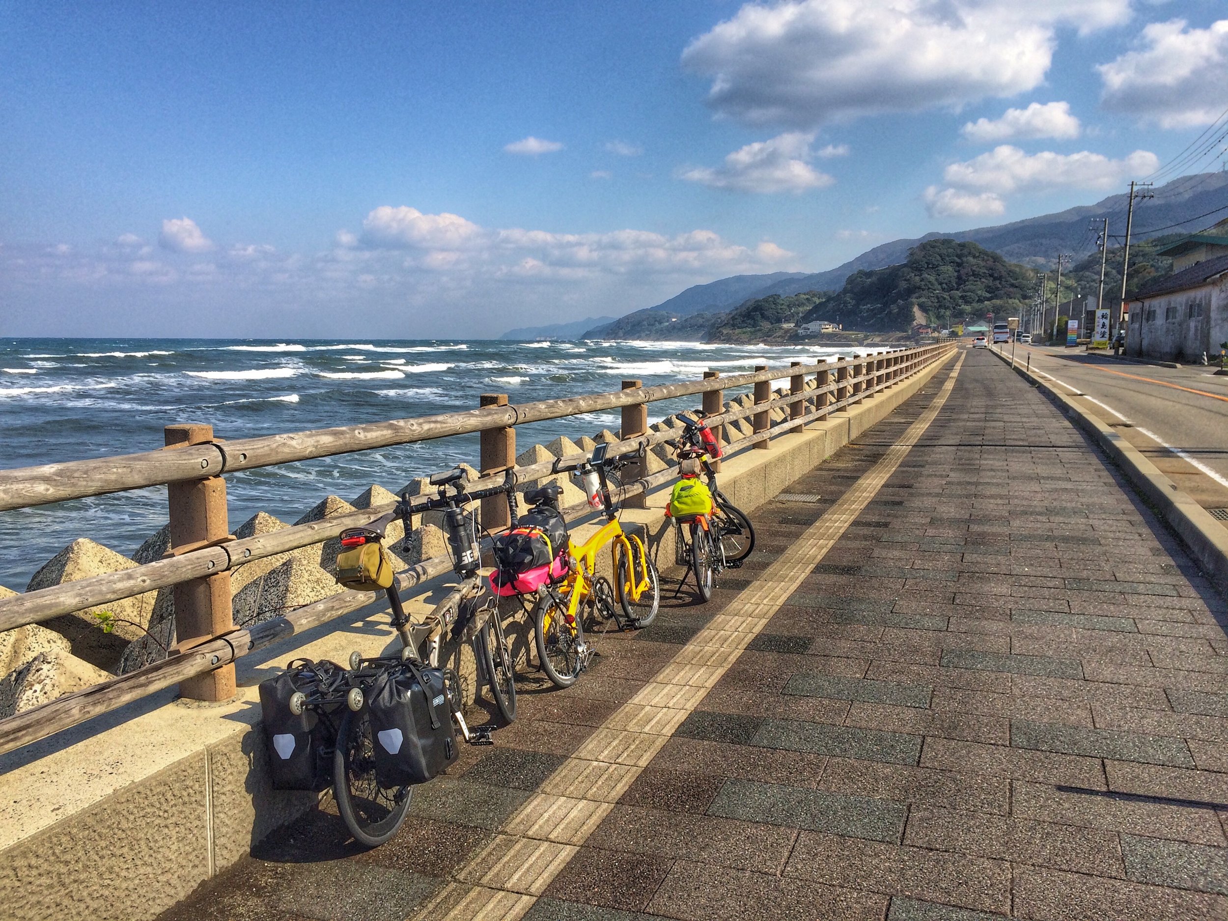 The start of our route at Wajima facing the coast, right after we fixed up Maya's broken tyre valve.