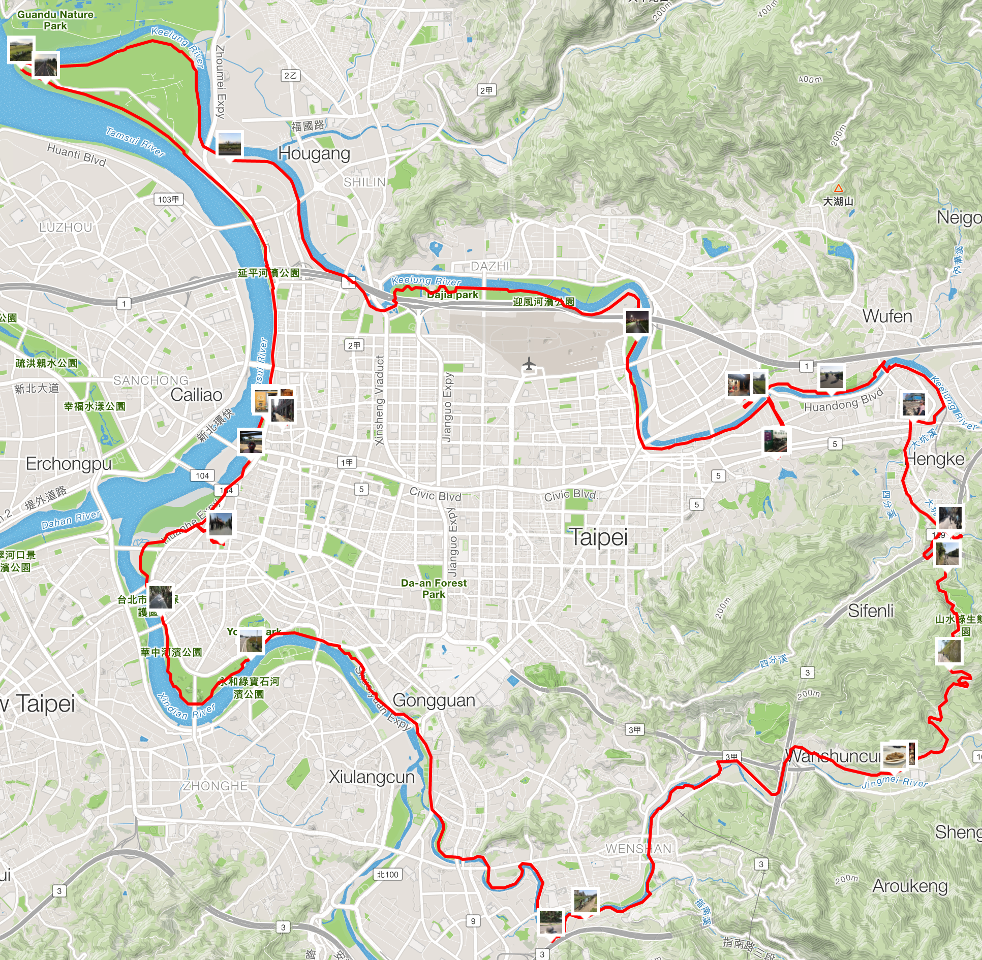 Our cycling route around Taipei. Approximately 80km for the day.