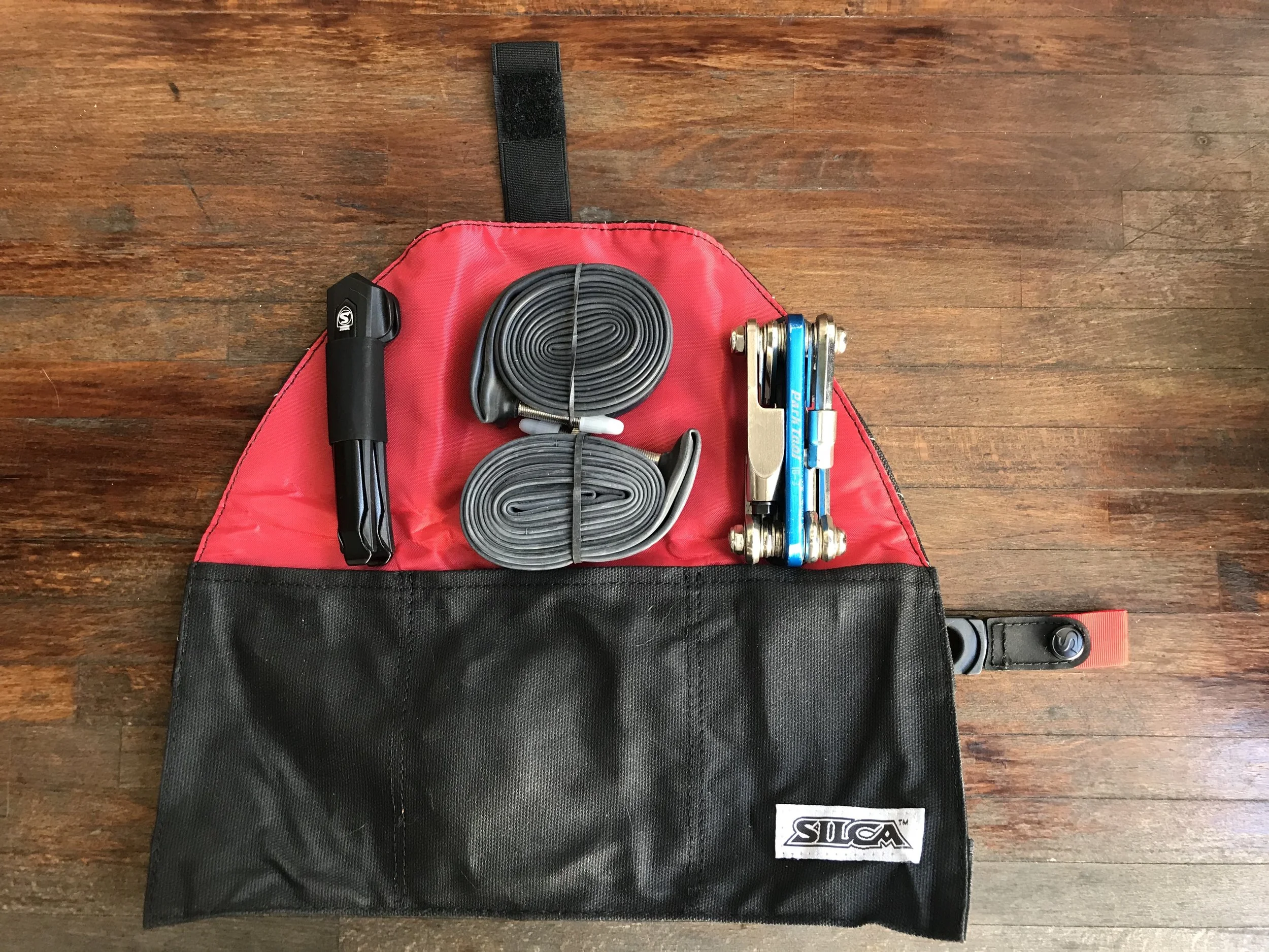 The Premio carrying two Silca tire levers, two 20" tubes (size 406, 20x1.25), and my trusty (and favorite) Park Tool IB-3 multi-tool.