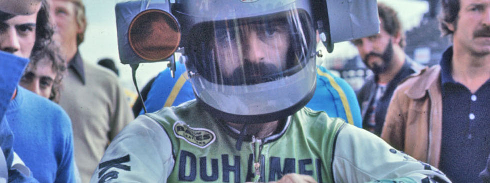 Yvon Duhamel models one of Peter Starr's early film-camera helmets. ( Courtesy of Peter Starr )