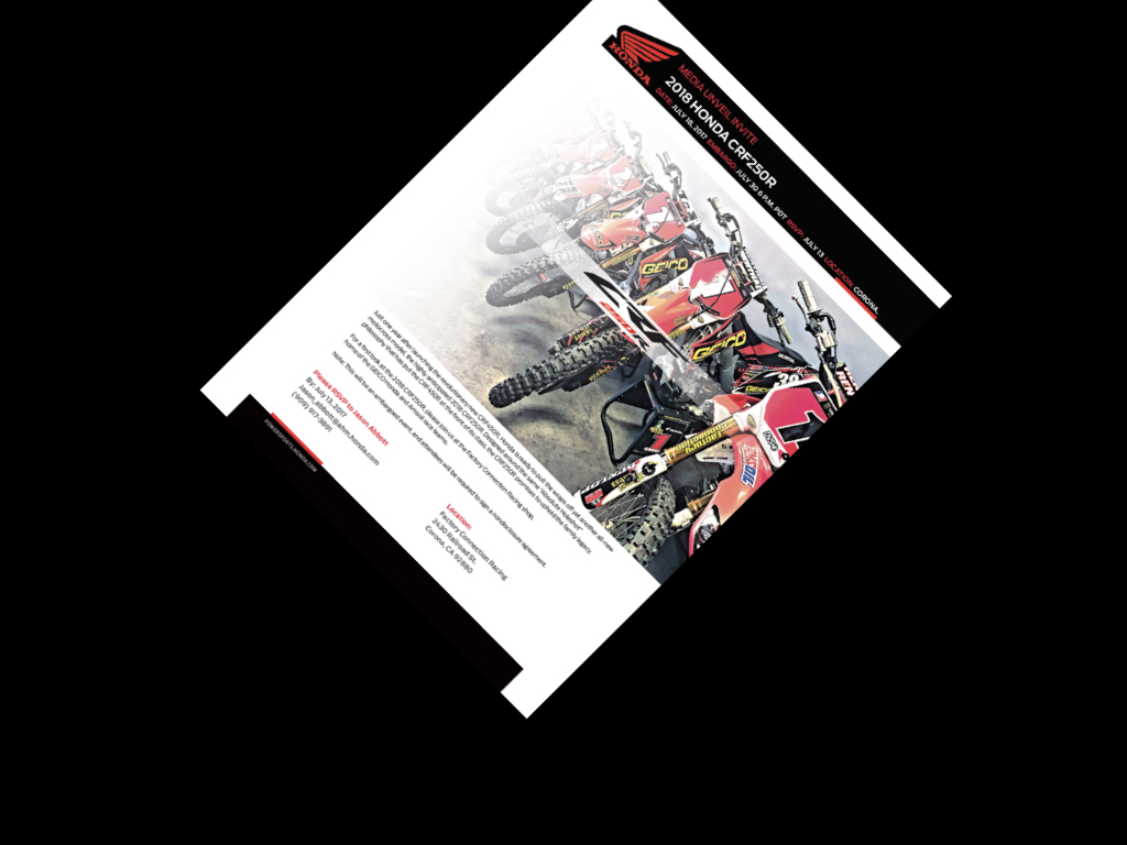 The first phase was an embargoed pre-announcement event held in the race shop of Factory Connection, which runs Honda's official 250cc race effort. Media had the opportunity to learn about the model and prepare their coverage ahead of the public unveiling.
