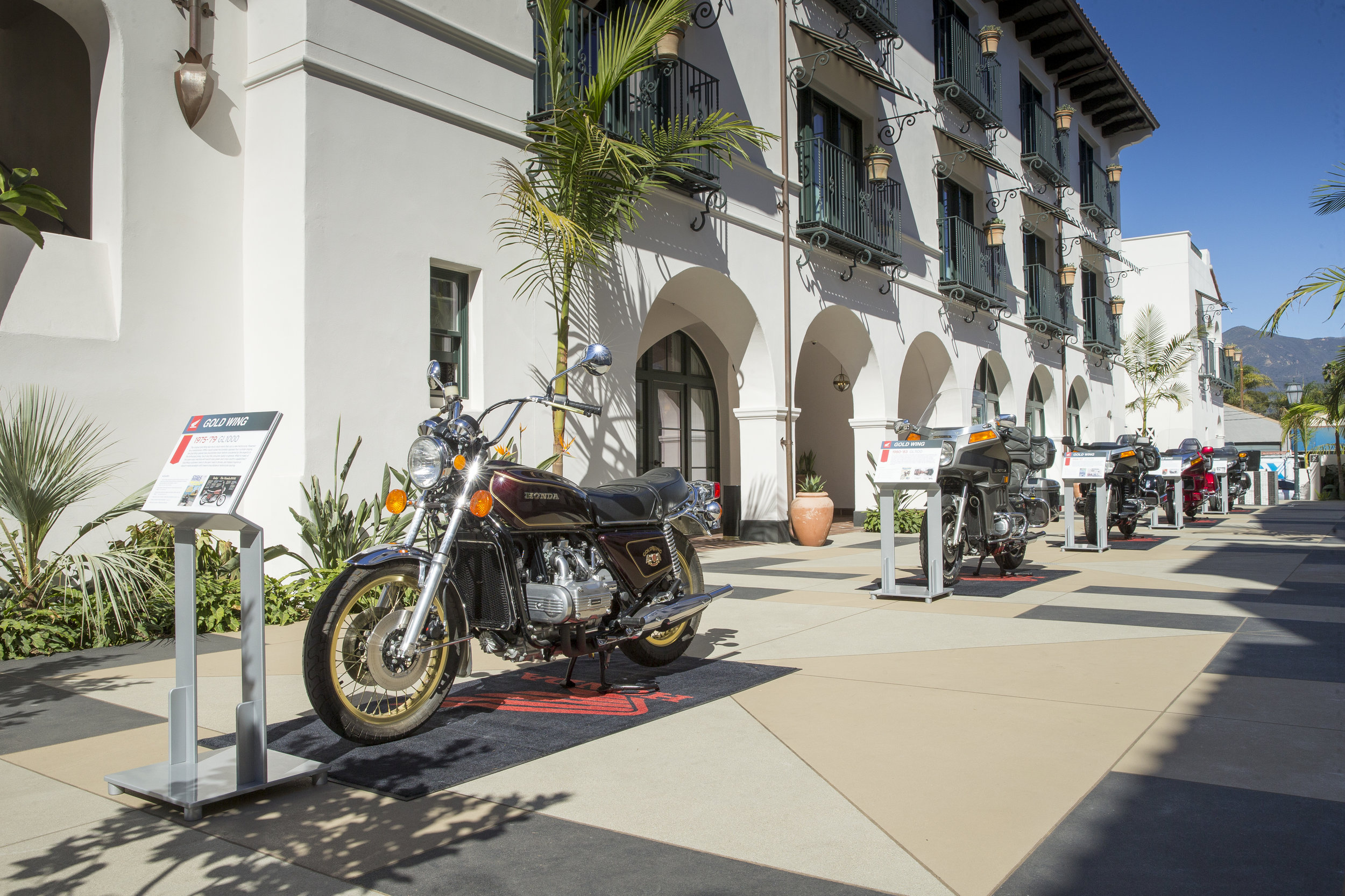 Upon arrival in Santa Barbara, guests checked in to the brand-new Hotel Californian, where milestone Gold Wing models were displayed in the courtyard. Image: Kevin Wing