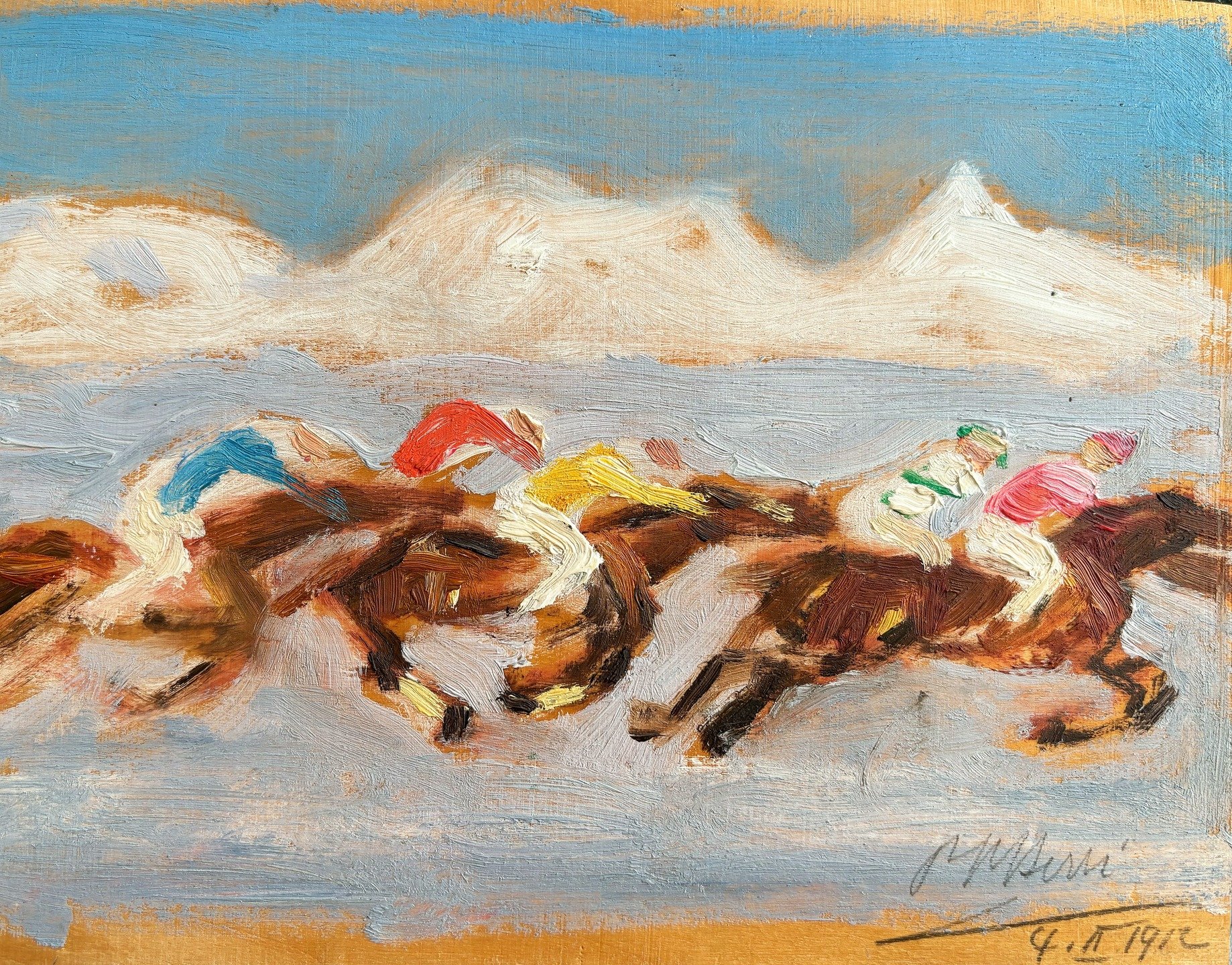 In this series of small paintings from 1912 (15 x 19 cm) dedicated to winter sports and horses, P. R. Berry II outlines the silhouettes of the animals and riders with just a few swift brushstrokes.

The protagonist is the White Turf, the iconic horse