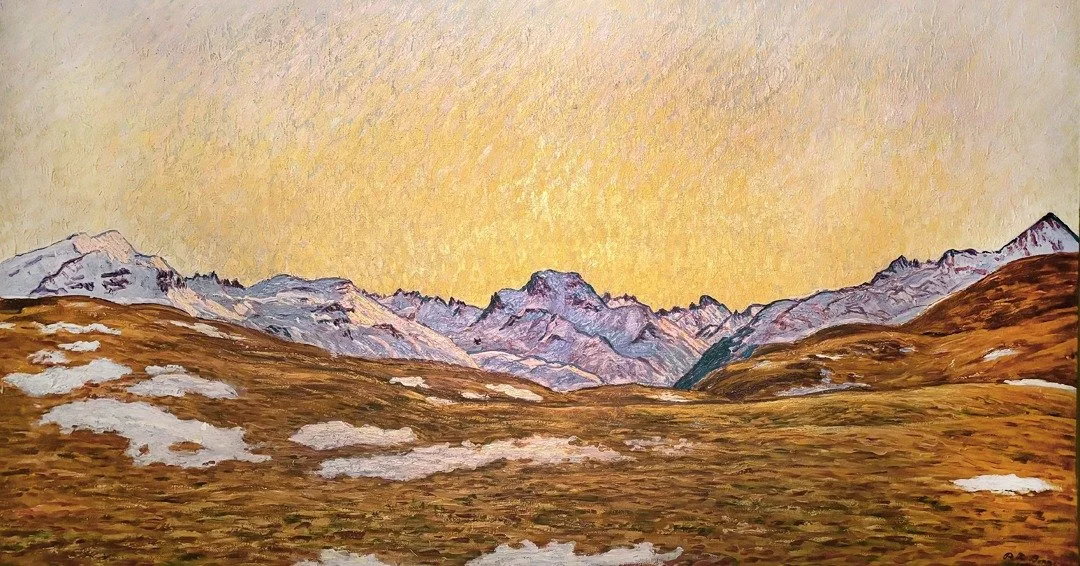 In higher altitudes, as shown in 'Springtime view of the Margna', spring is hardly more than a retreat of winter. The brown, flattened meadow patiently absorbs the last patches of snow with its warm tones. Freed from its winter burden, nature still a