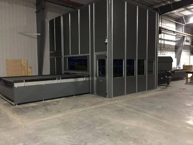 KeraGlass's newest model of oscillating tempering oven. Contains state of the art features. this produces incredibly clear glass. This is a very large tempering furnace. The furnace has a bed size of 2300 mm x 3600 mm (90" x 140") The furnace will temper glass with thickness from 3.2 mm to 19 mm. 