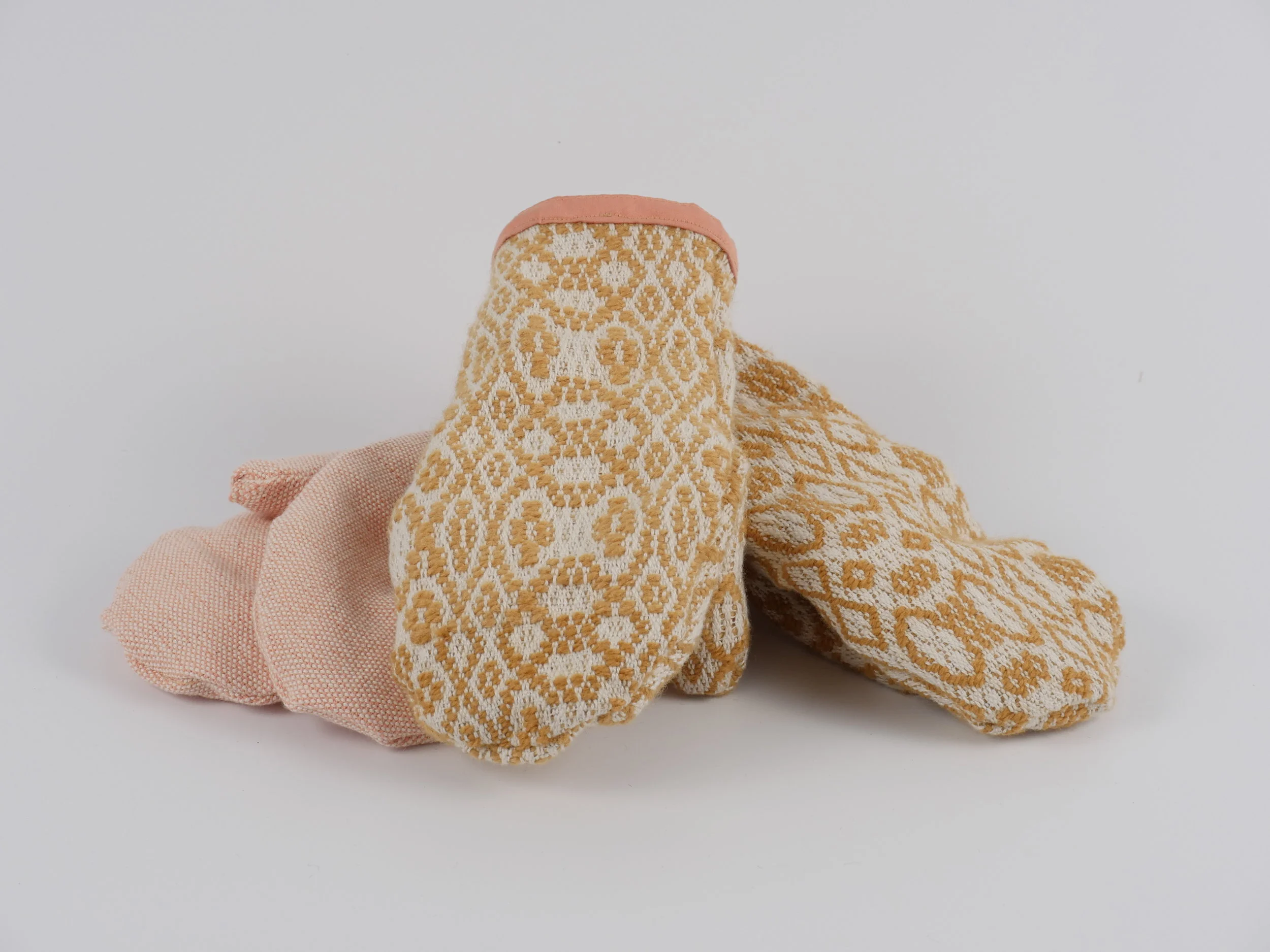  two pairs of handwoven mittens 