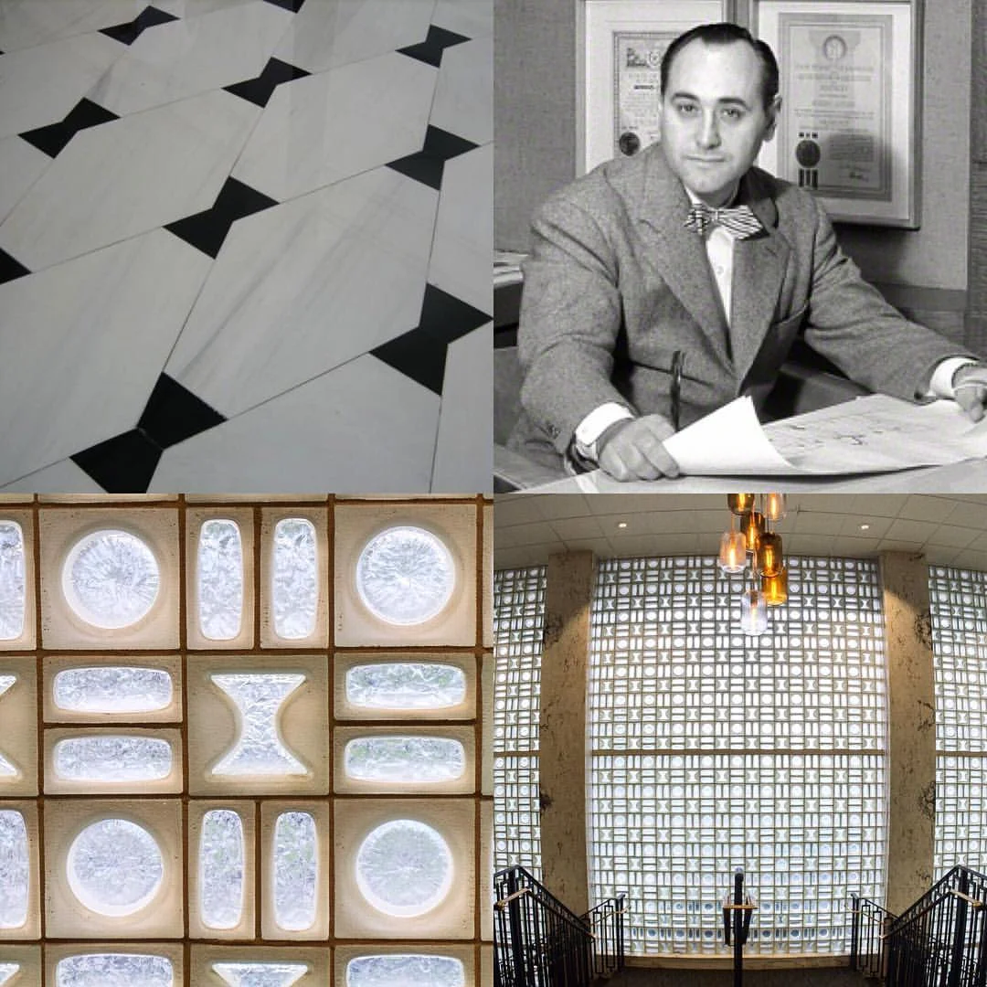 Morris Lapidus was known for using bow tie shapes in his designs. The Fontainebleau floor features Lapidus's favorite shape (top left,) and the bow tie shape appears as cutouts interspersed with his signature "cheese hole" and "woggle" shapes in a perfectly symmetrical geometric pattern spanning ELV's entire two story facade! Morris Lapidus himself was frequently pictured wearing bow ties.