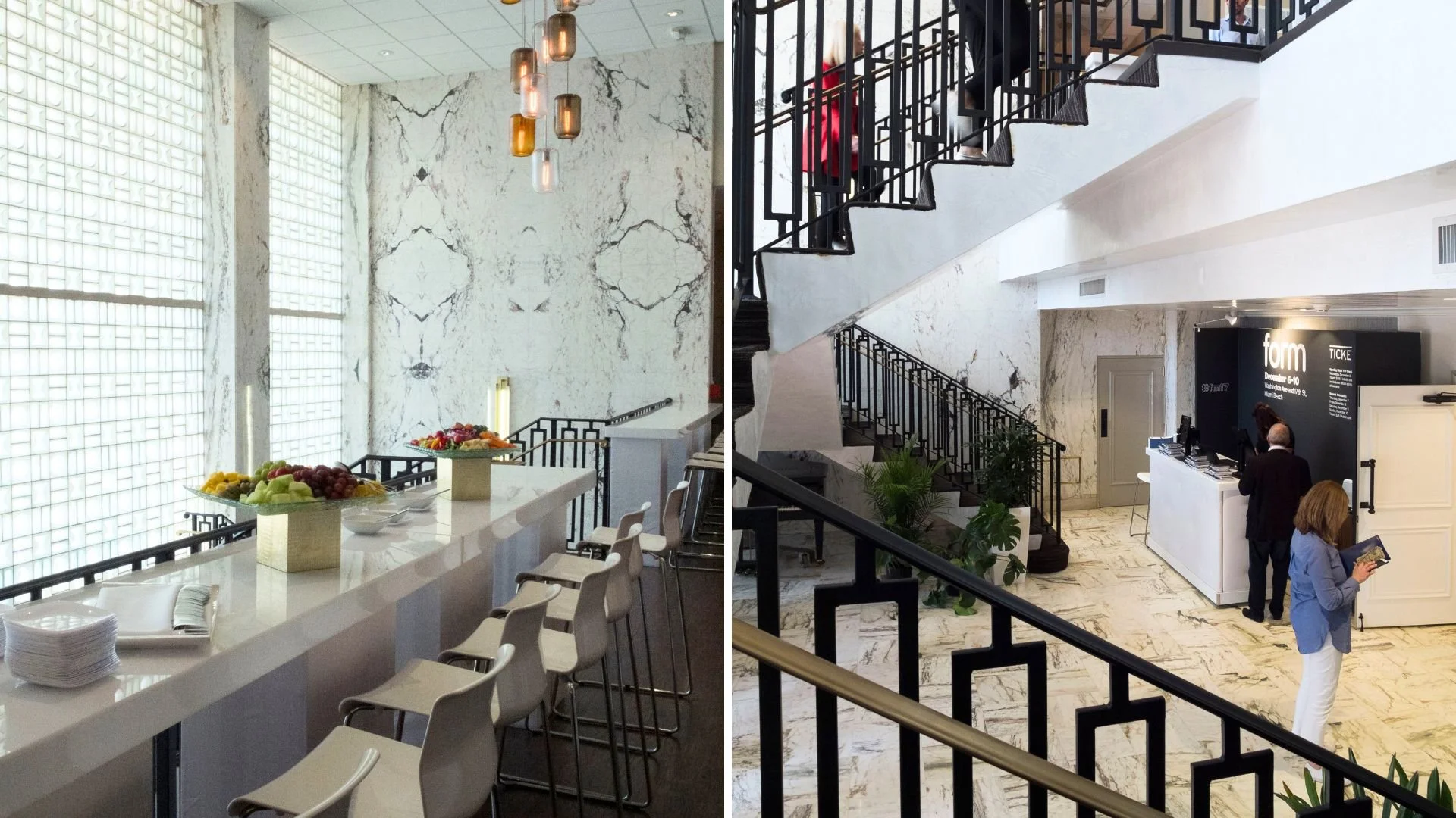 Two-story gallery exhibition space at Emanuel Luxury Venue in Miami Beach featuring multiple art installations