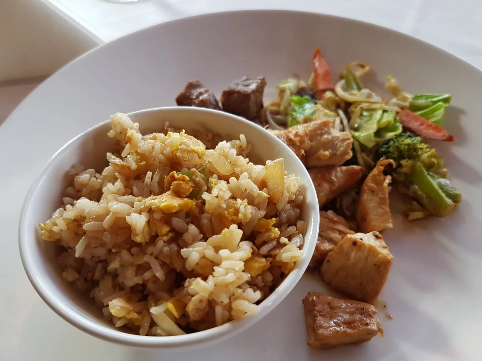 Beef and Chicken Teppanyaki, Rice and mixed vegetables. All delicious!