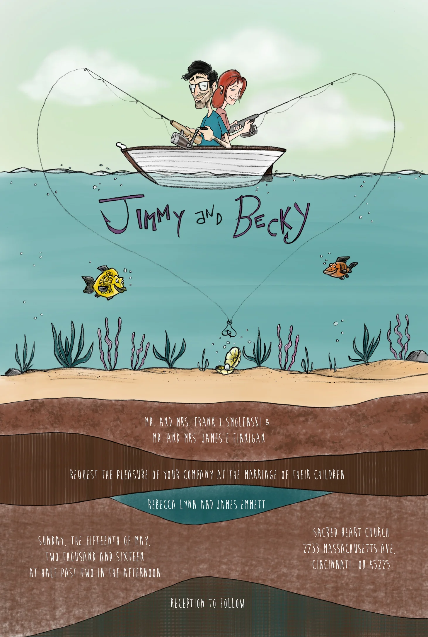 Custom hand-drawn wedding invitation for a couple who love to fish together