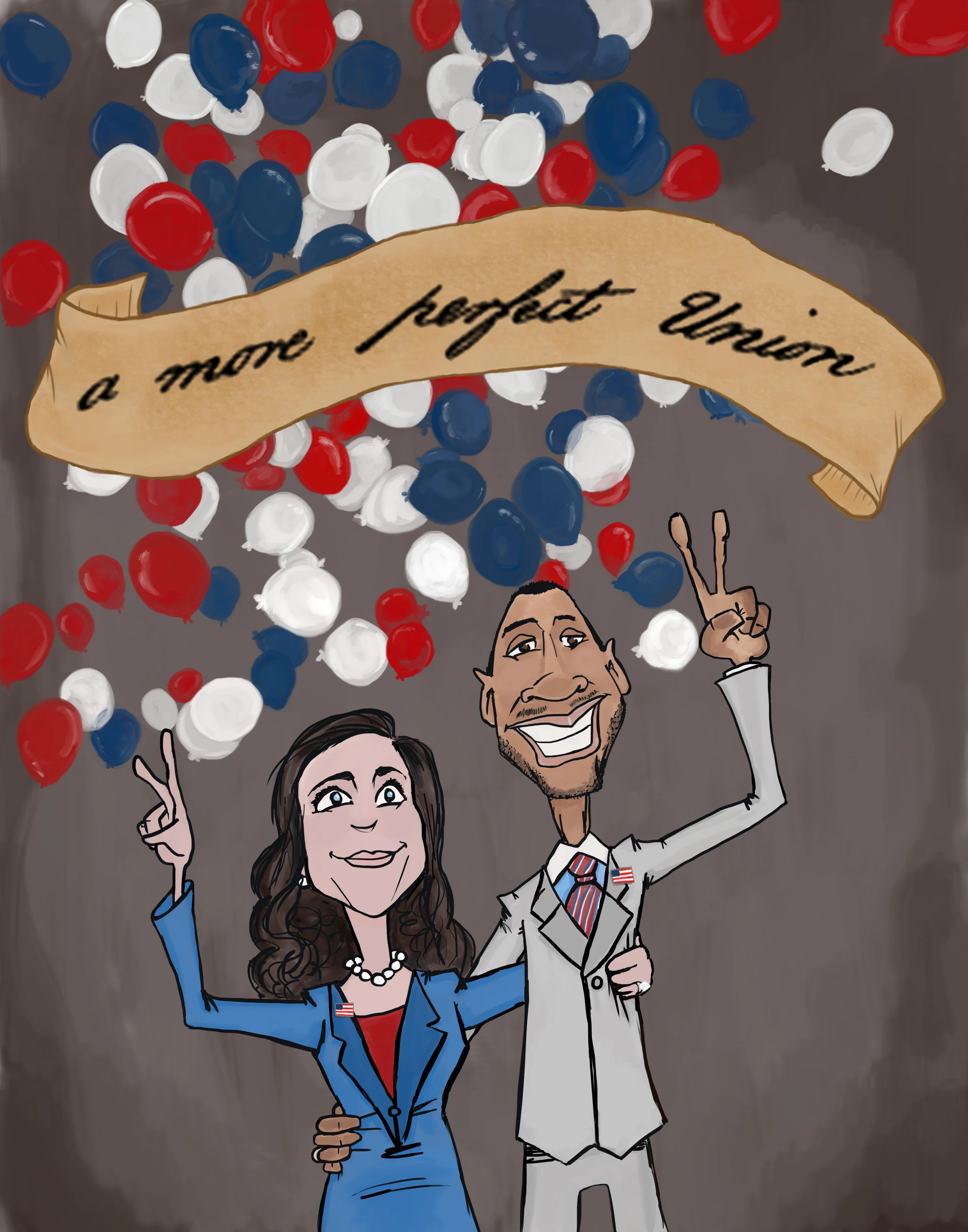 Custom hand-drawn illustration of a couple at a political celebration