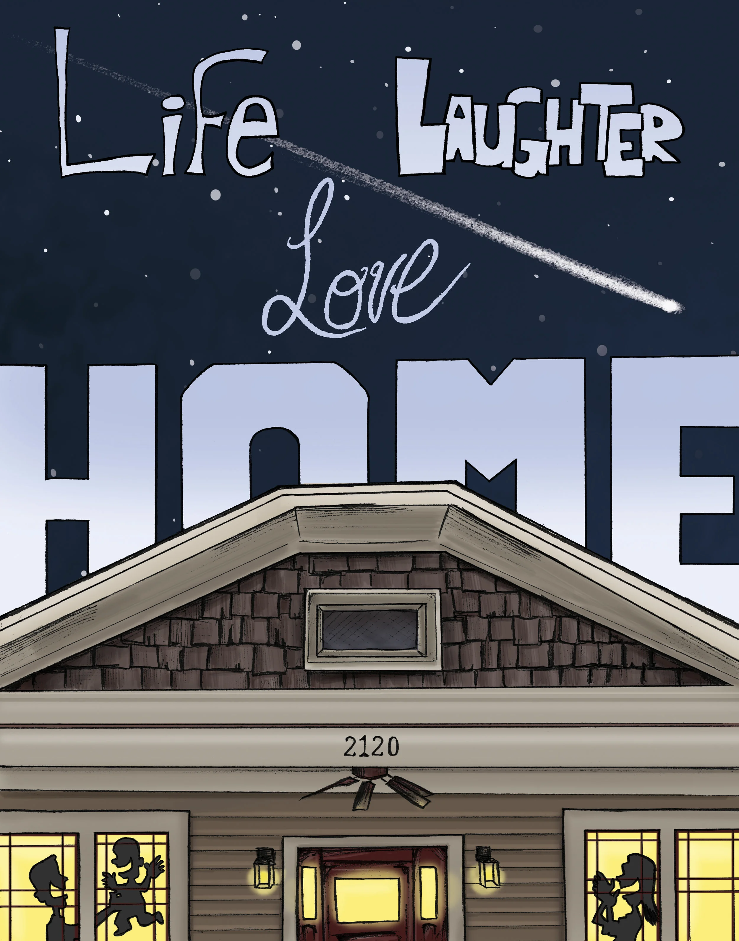 Custom hand-drawn illustration of a couple's new home