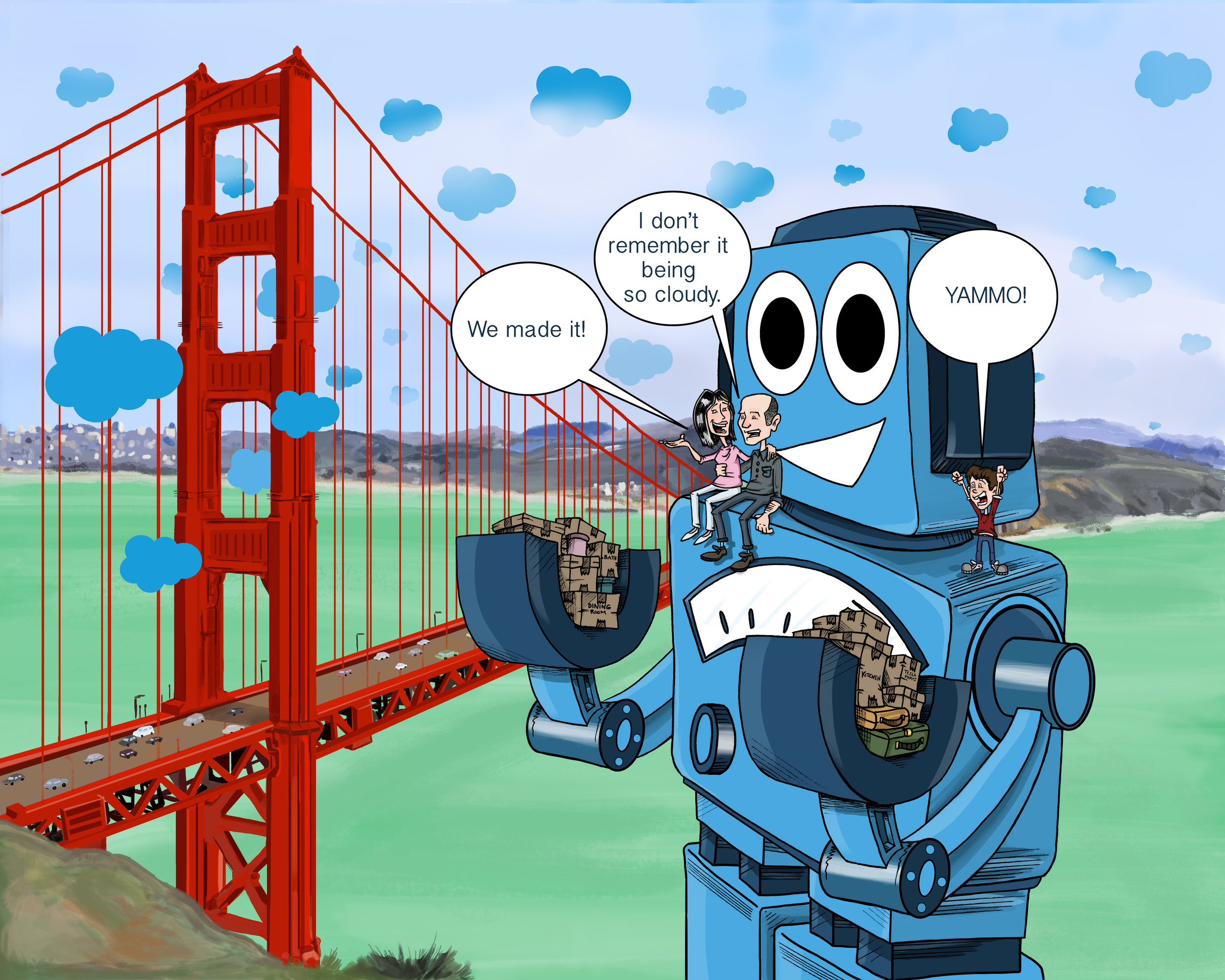 Custom hand-drawn illustration of the founder of Pardot moving to San Francisco with his family on a giant robot