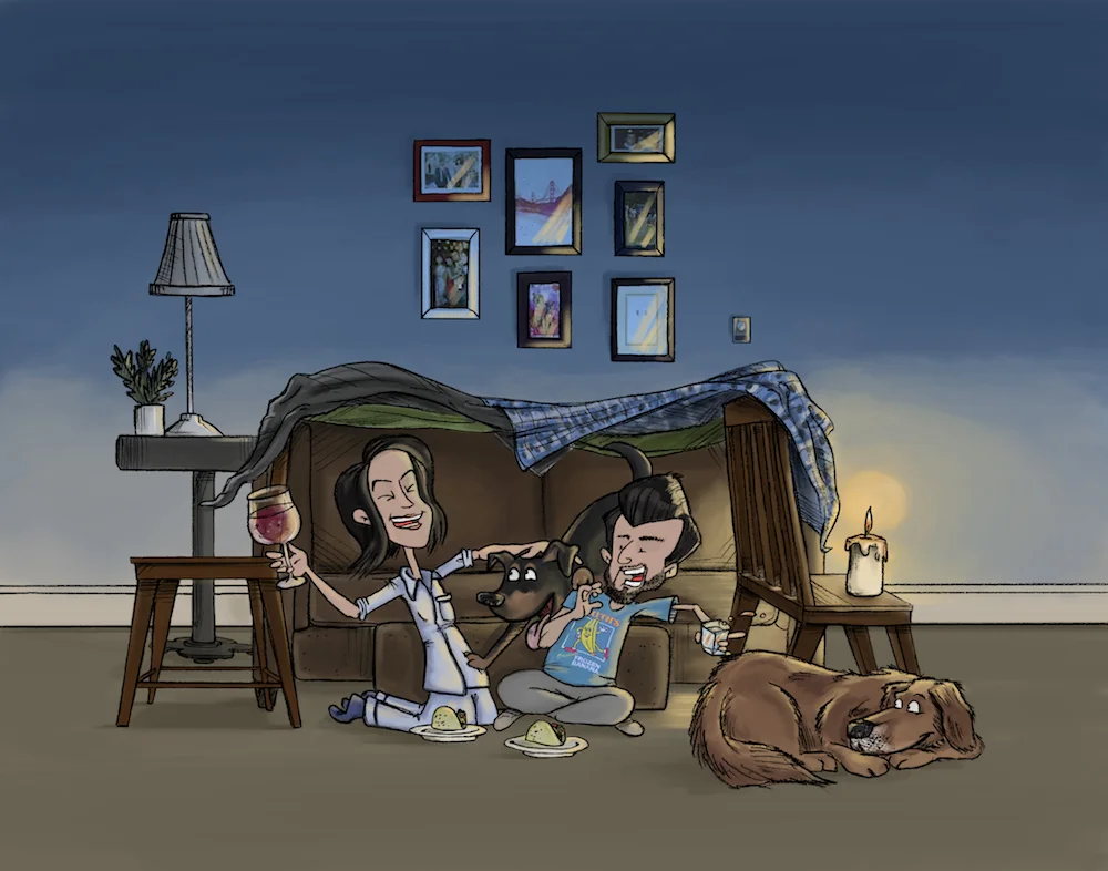 Custom hand-drawn illustration of a couple creating blanket forts for a date night in their first apartment