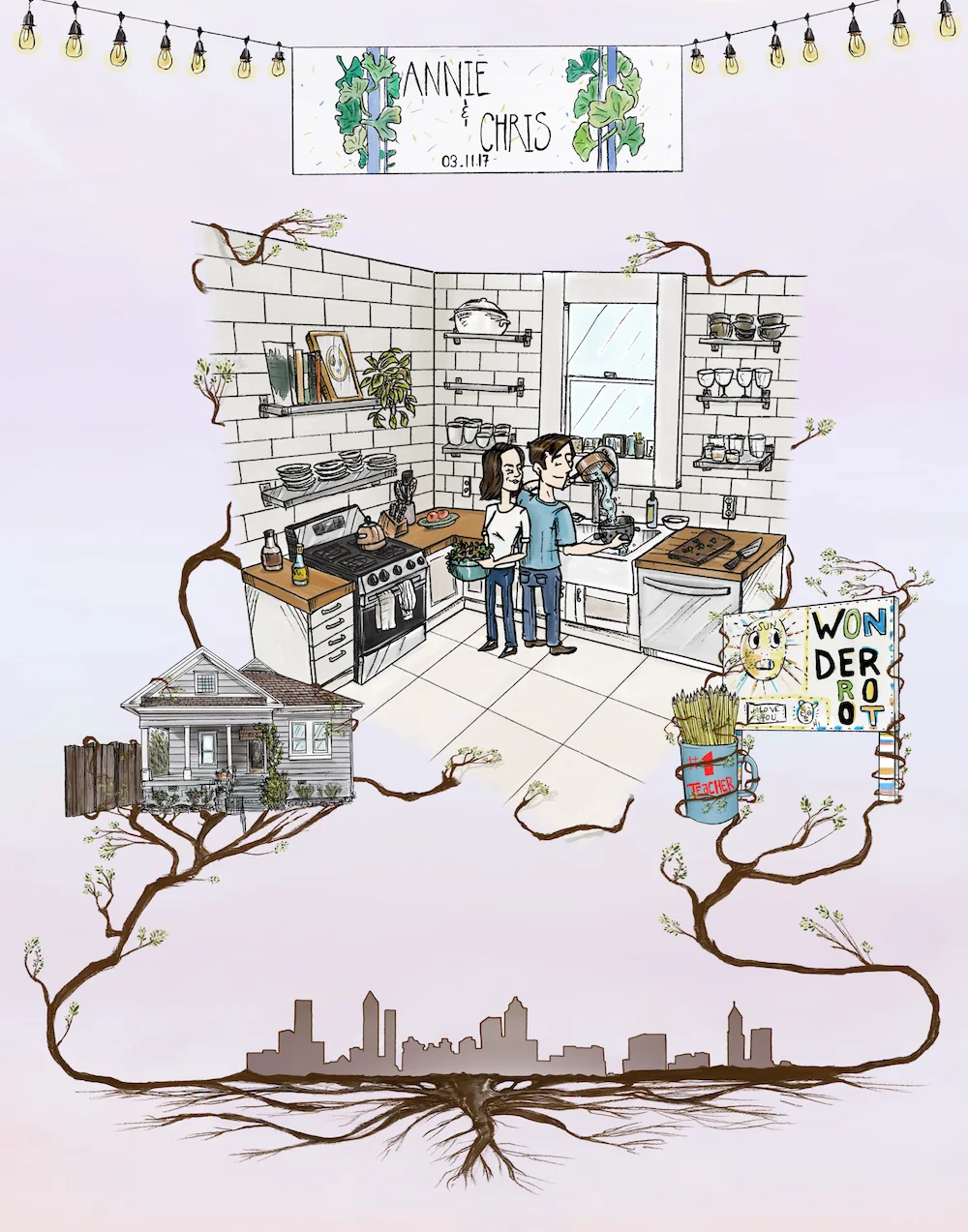 Custom illustration of a couple celebrating their renovated kitchen and Atlanta roots