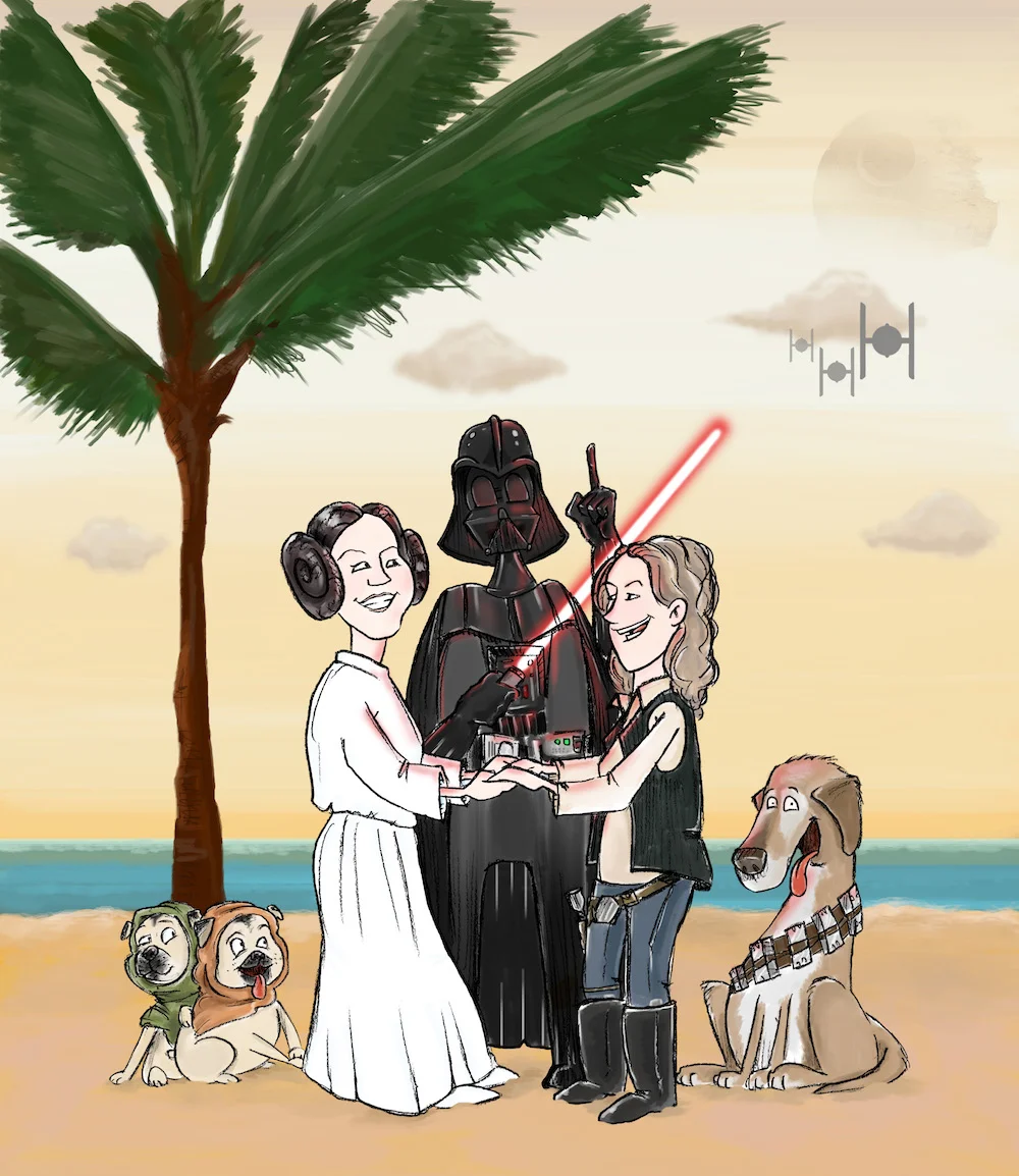 Custom hand-drawn illustration of a couple dressed as Star Wars characters getting married on a beach