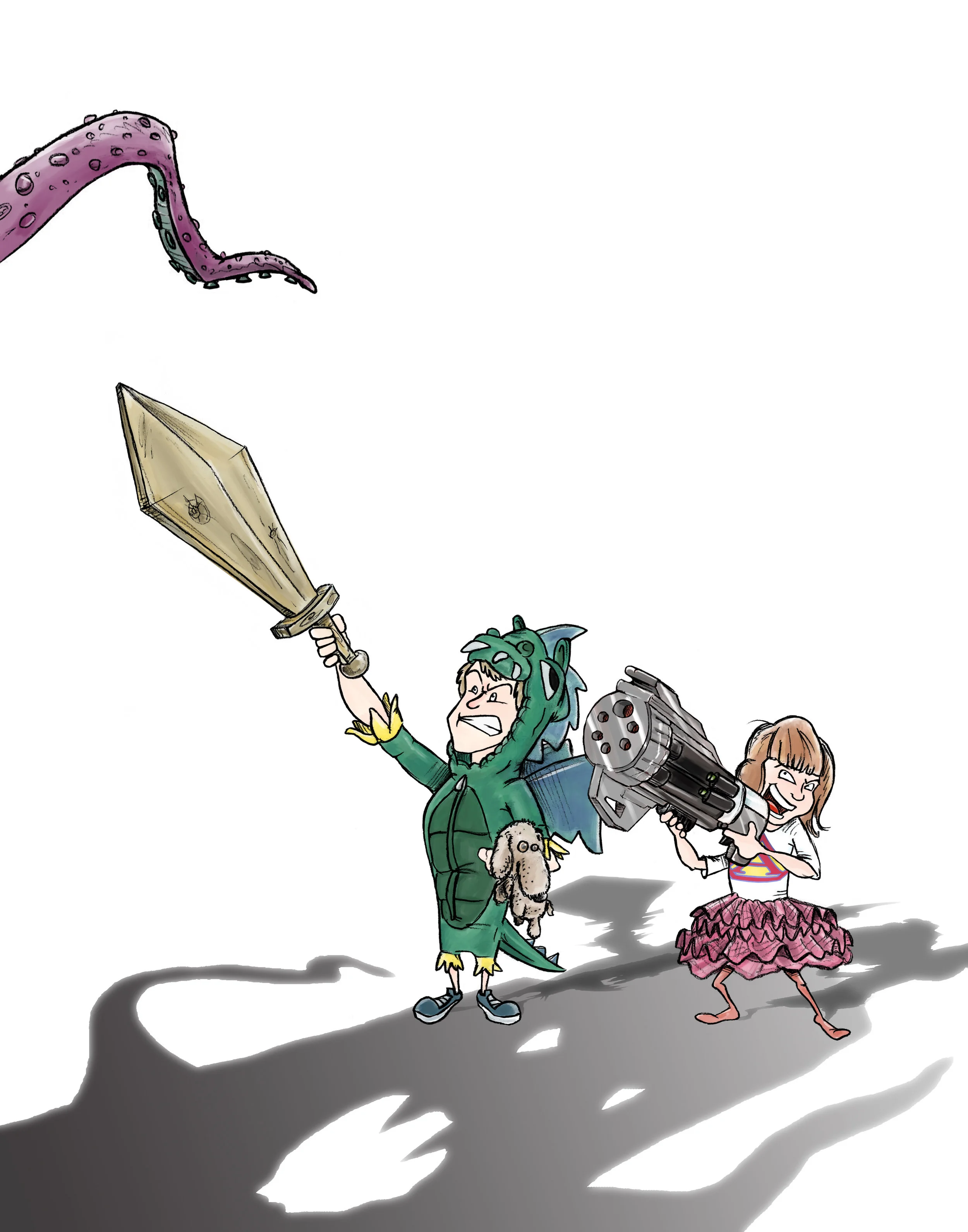 Custom hand-drawn illustration of two children battling an imaginary monster