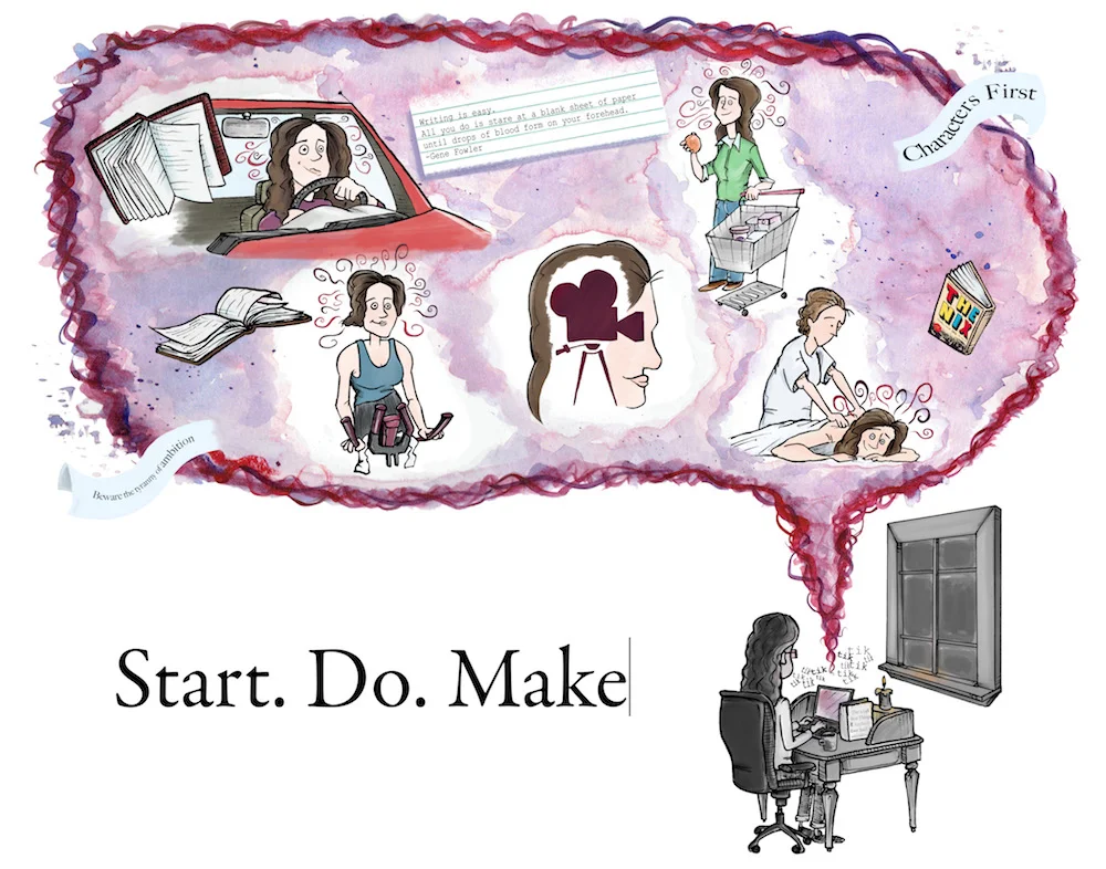 Custom hand-drawn illustration encouraging a writer to do, start, and make.