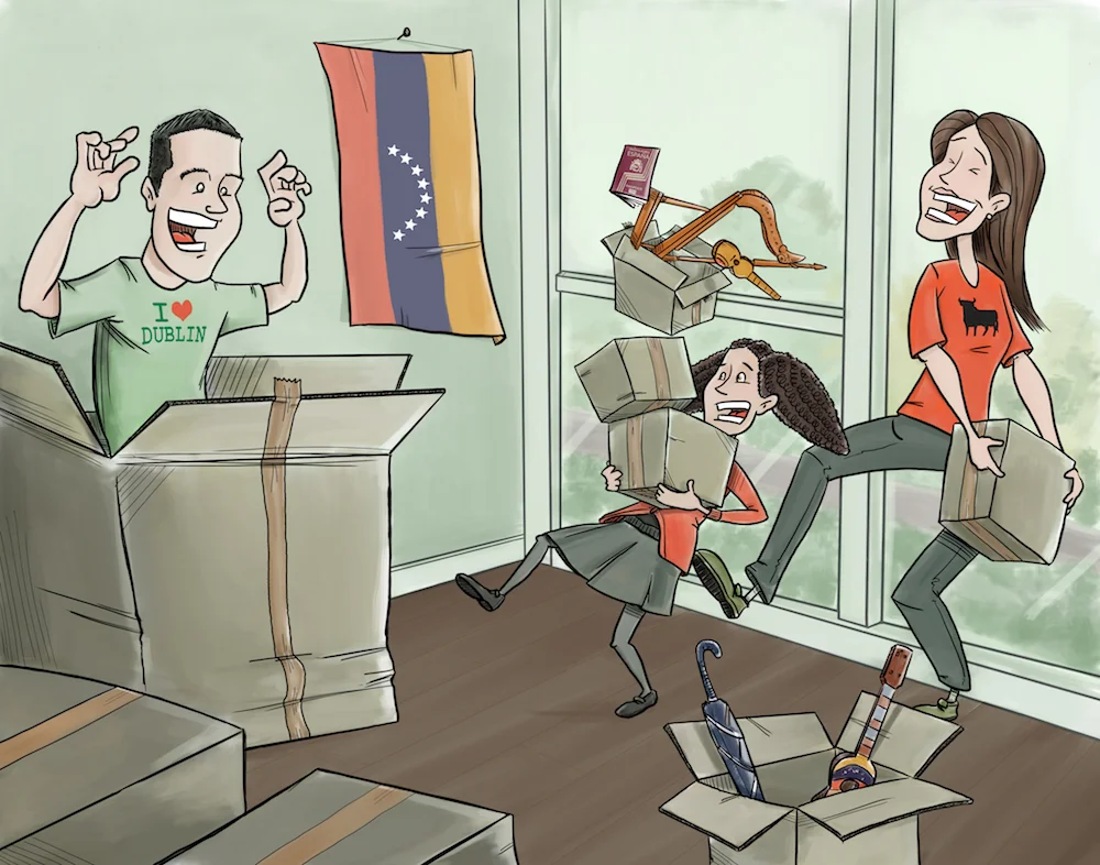 Custom hand-drawn illustration of a father surprising his family on moving day
