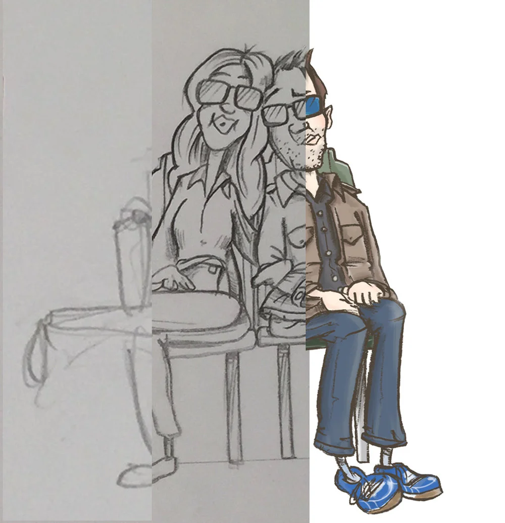 Custom hand-drawn illustration of couple sitting together, graphite sketch finished digitally in color