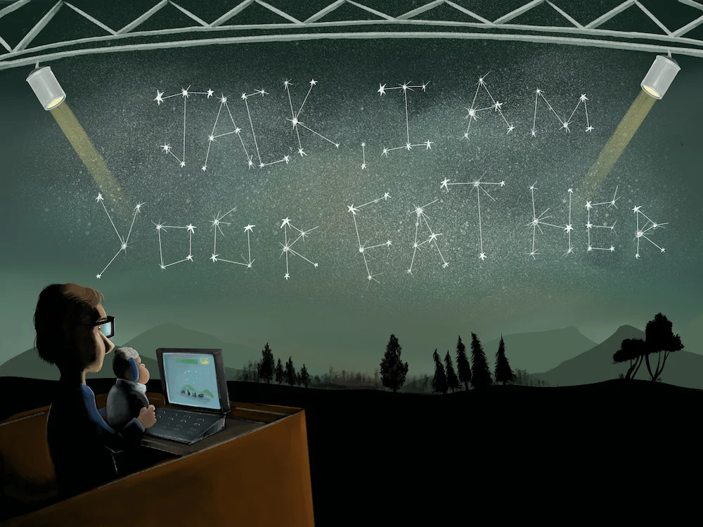 Custom hand-drawn illustration of a lighting director father celebrating the birth of his son