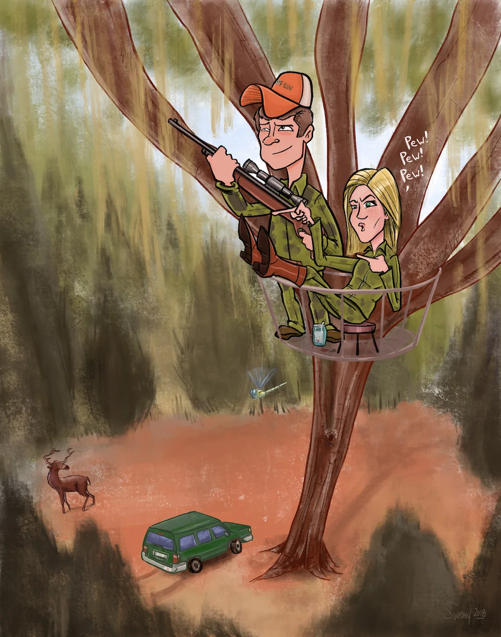 Custom hand-drawn illustration of a couple deer hunting