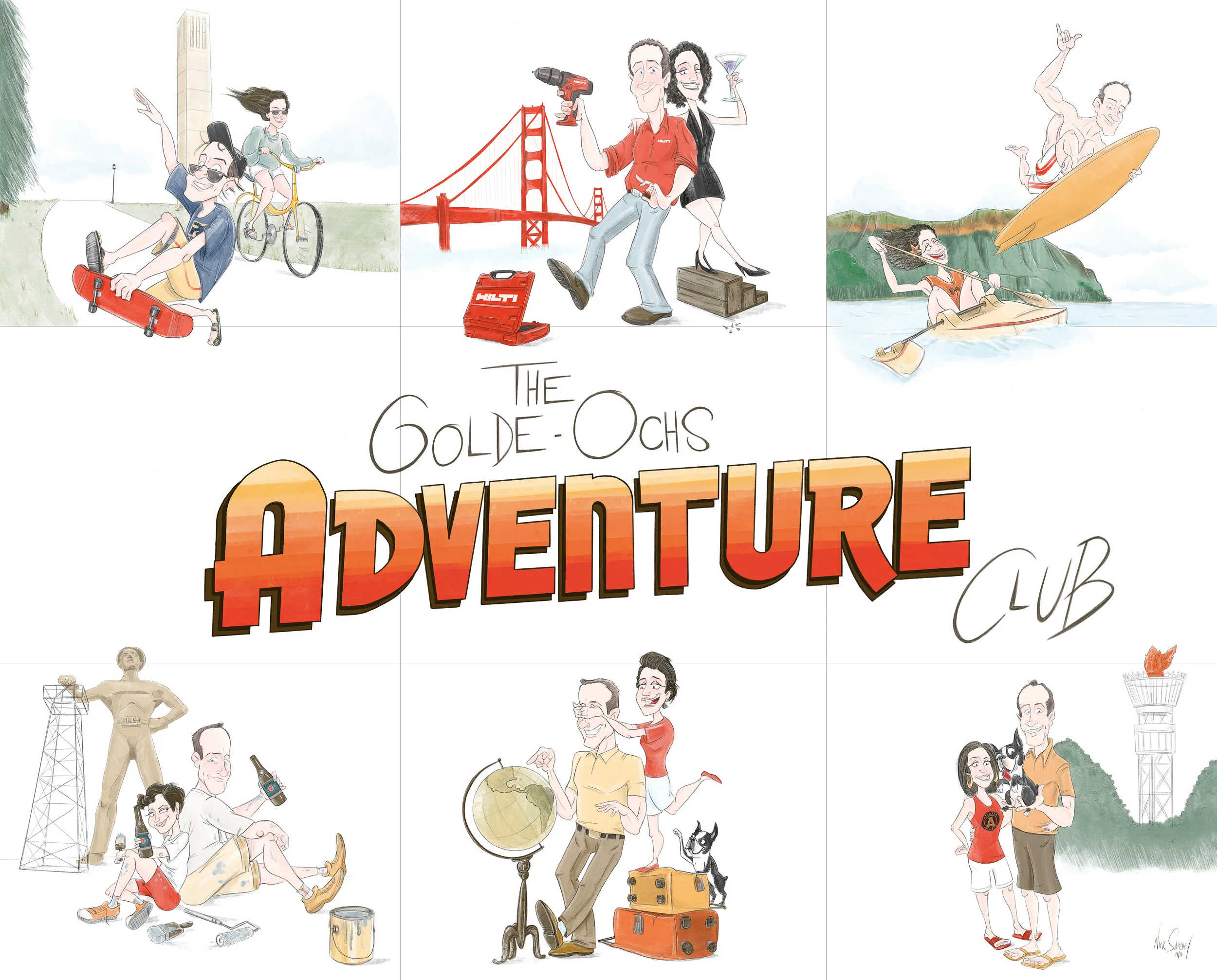 Custom hand-drawn illustration of a couple traveling the world