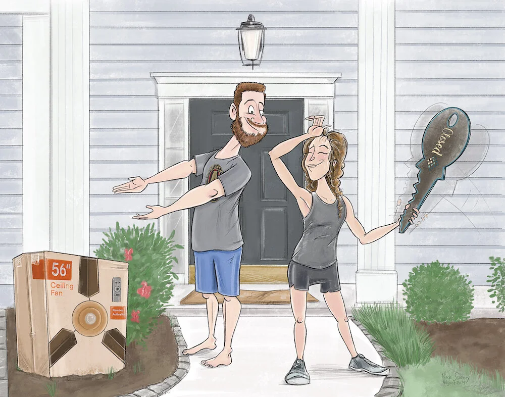 Custom hand-drawn illustration of a couple closing on their first home