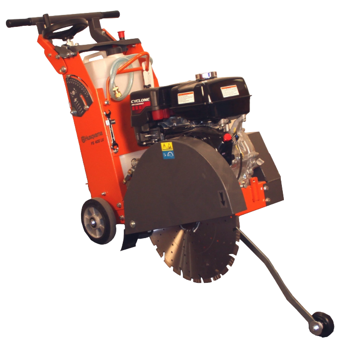 A gas-powered core drill with black engine and orange frame.