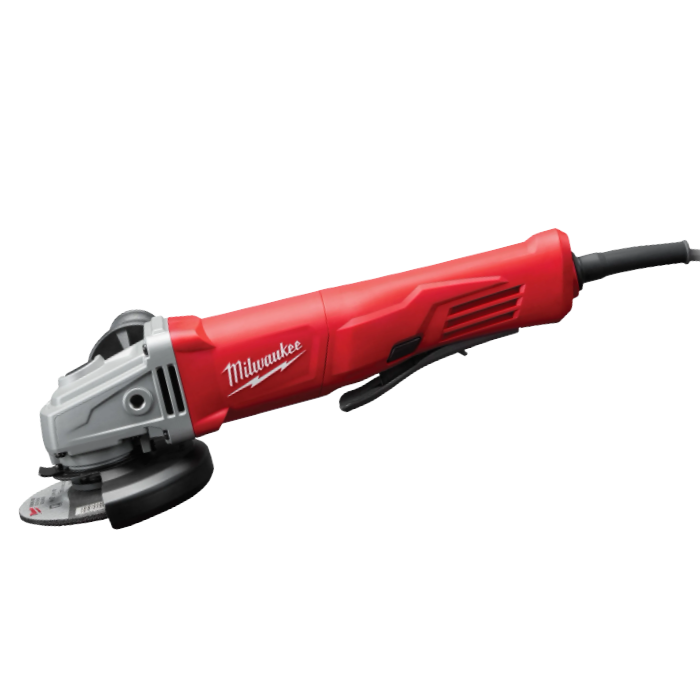 A red Milwaukee angle grinder with a black power cord and a silver cutting disc.