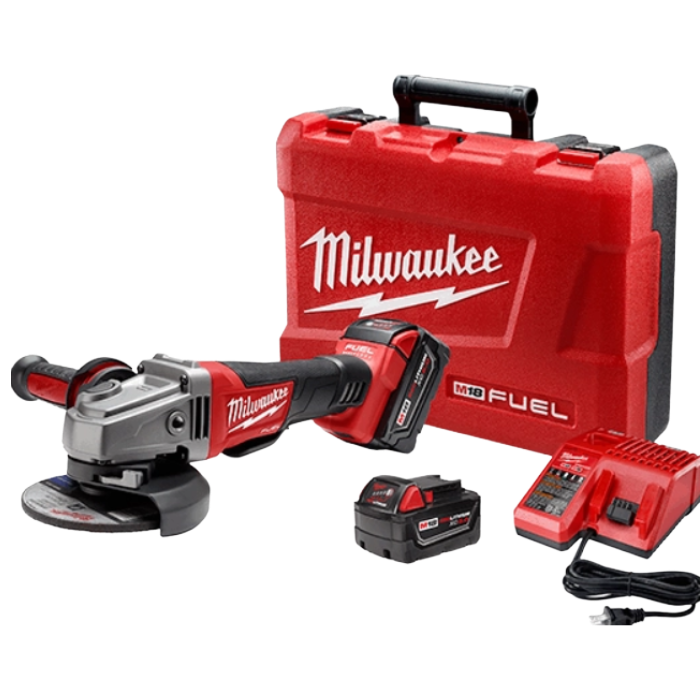 Milwaukee cordless angle grinder with battery, red tool case, charger, and additional accessories.