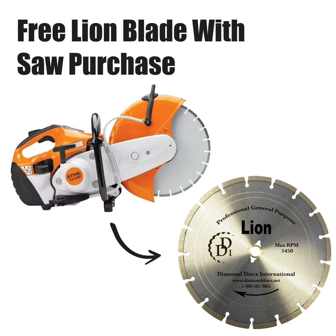 A STIHL cut-off saw with an orange and white body, a black handle, and a silver blade guard, positioned next to a circular saw blade labeled "Lion" with a maximum RPM of 5450, used for cutting various materials.