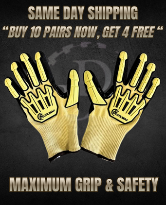 A pair of beige work gloves with black and yellow skeleton hand design on the back, displayed against a dark background with promotional text about shipping and a special offer.