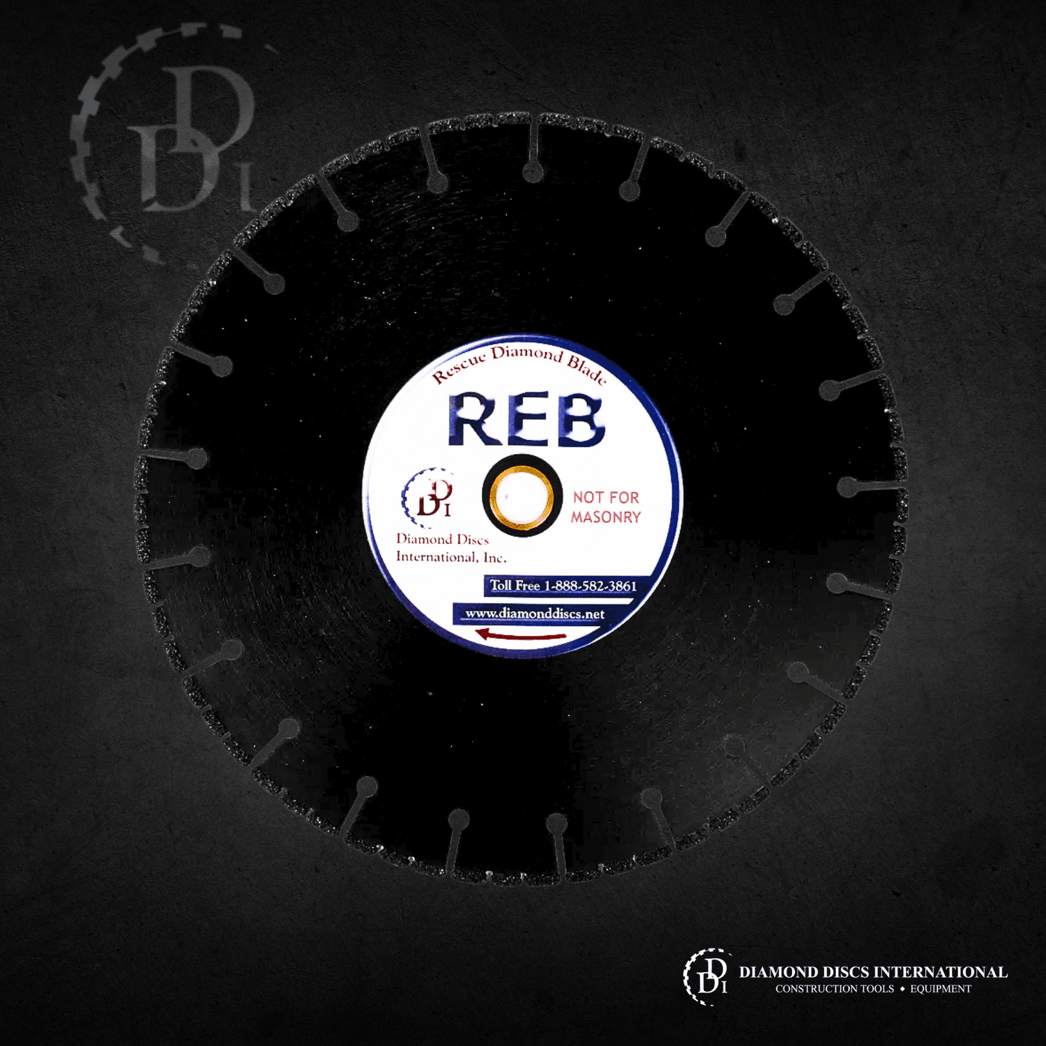 A close-up of a diamond blade cutting disc with a white label in the center, displaying the brand name REB and skull logo, and the text 'Rescue Diamond Blade', 'NOT FOR MASONRY', and contact information for Diamond Discs International, Inc.