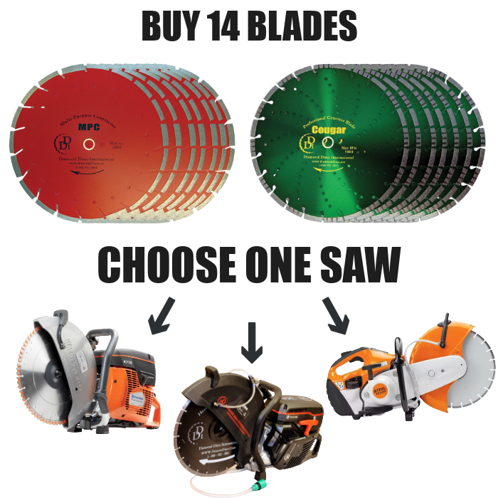Comparison of two circular saw blades, one red and one green, with images of various power saws below, including a table saw, a chop saw, a circular saw, and a power cutoff saw.