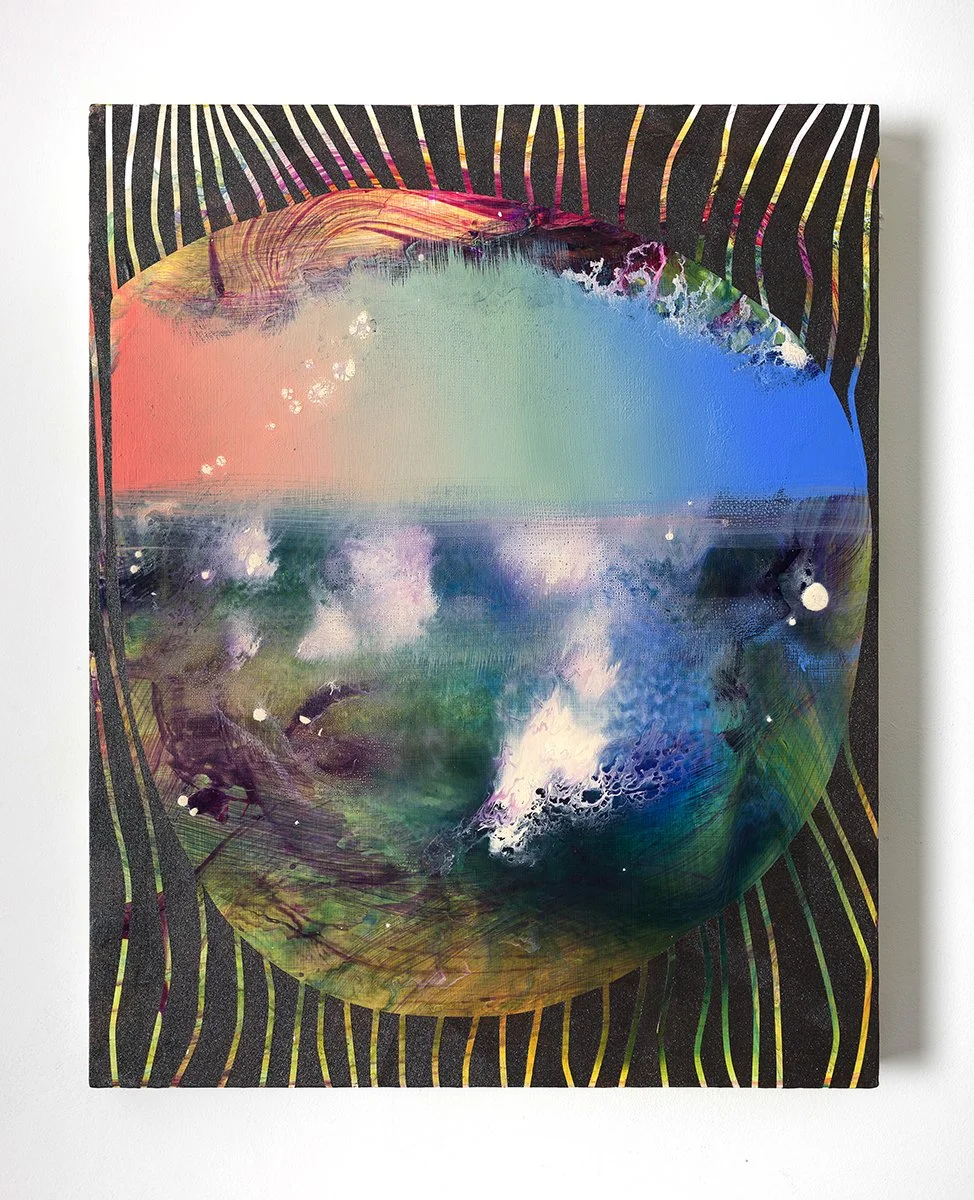 Abstract artwork by Kate Stewart featuring radiating black and white lines over layered fields of red, yellow, green, and blue.