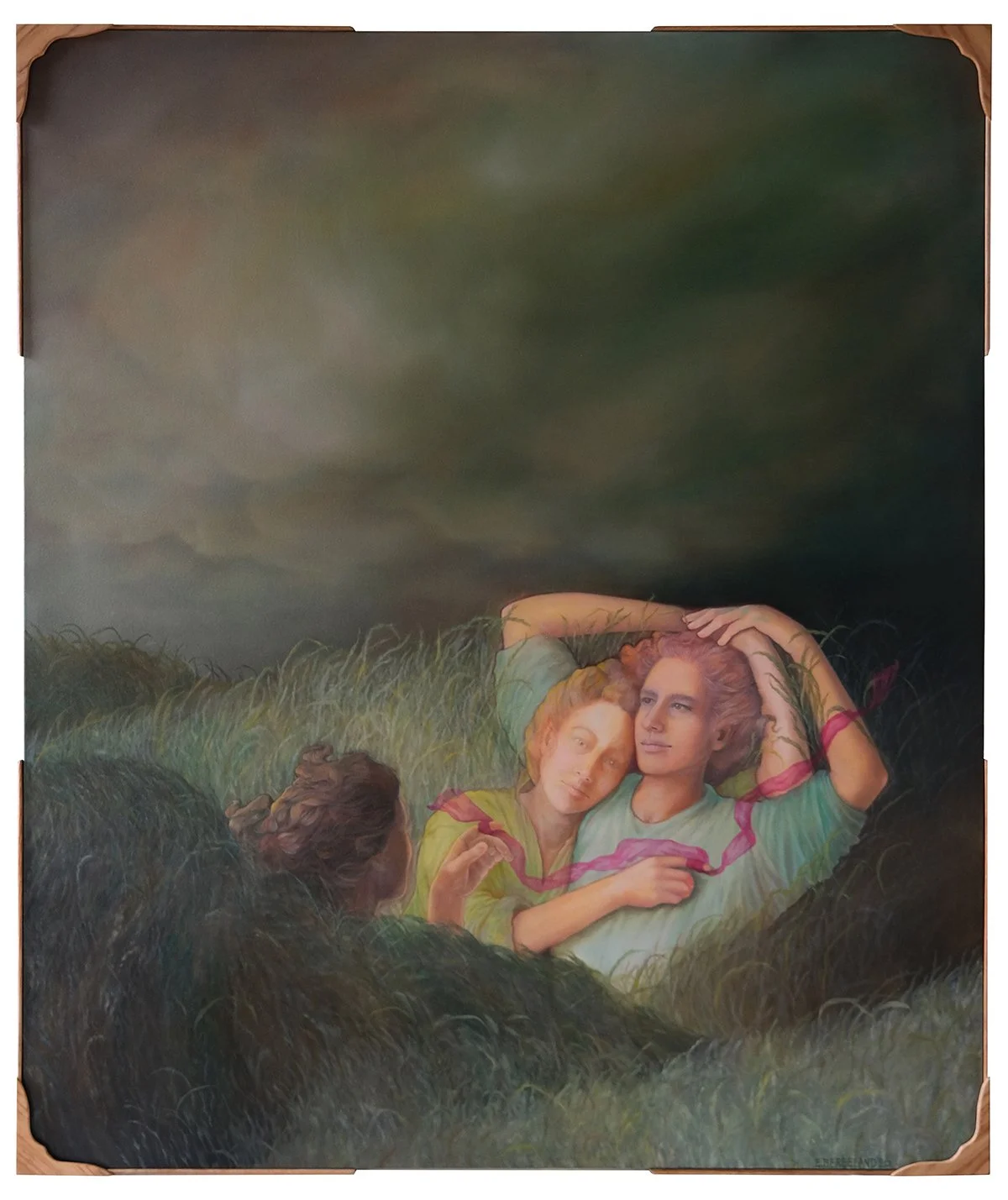 Two people laying in a grass field with dark clouds hanging above, a third looks at them