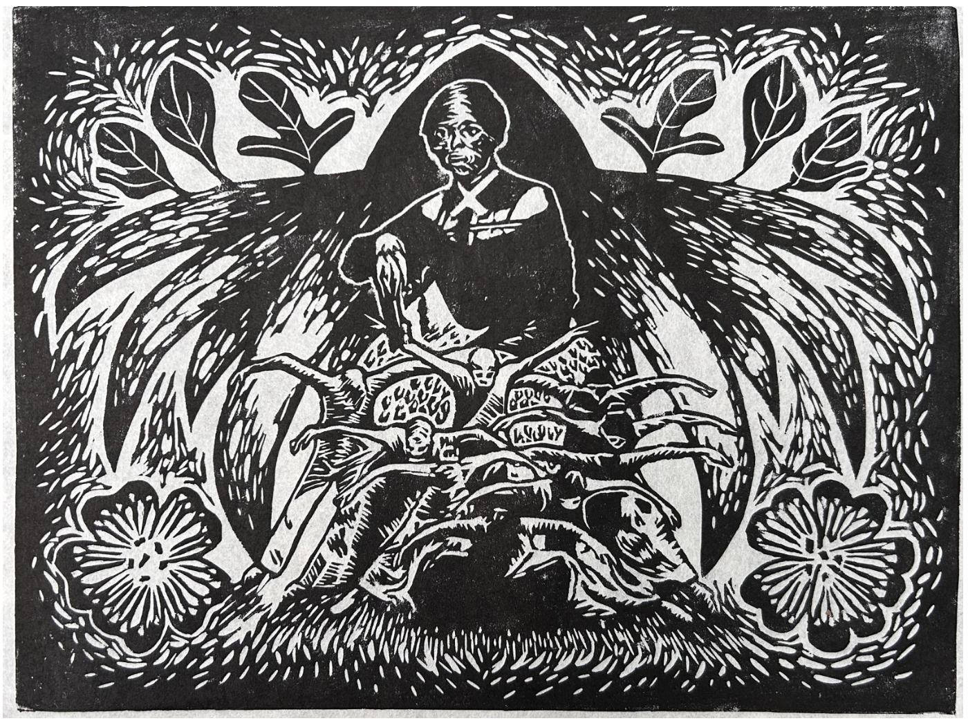 A black and white cut print depicting Harriet Tubman looking over a group of people before a tree.