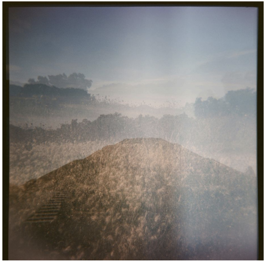 An photograph doule image of a Mayan pyrimid, grasslands, and trees.
