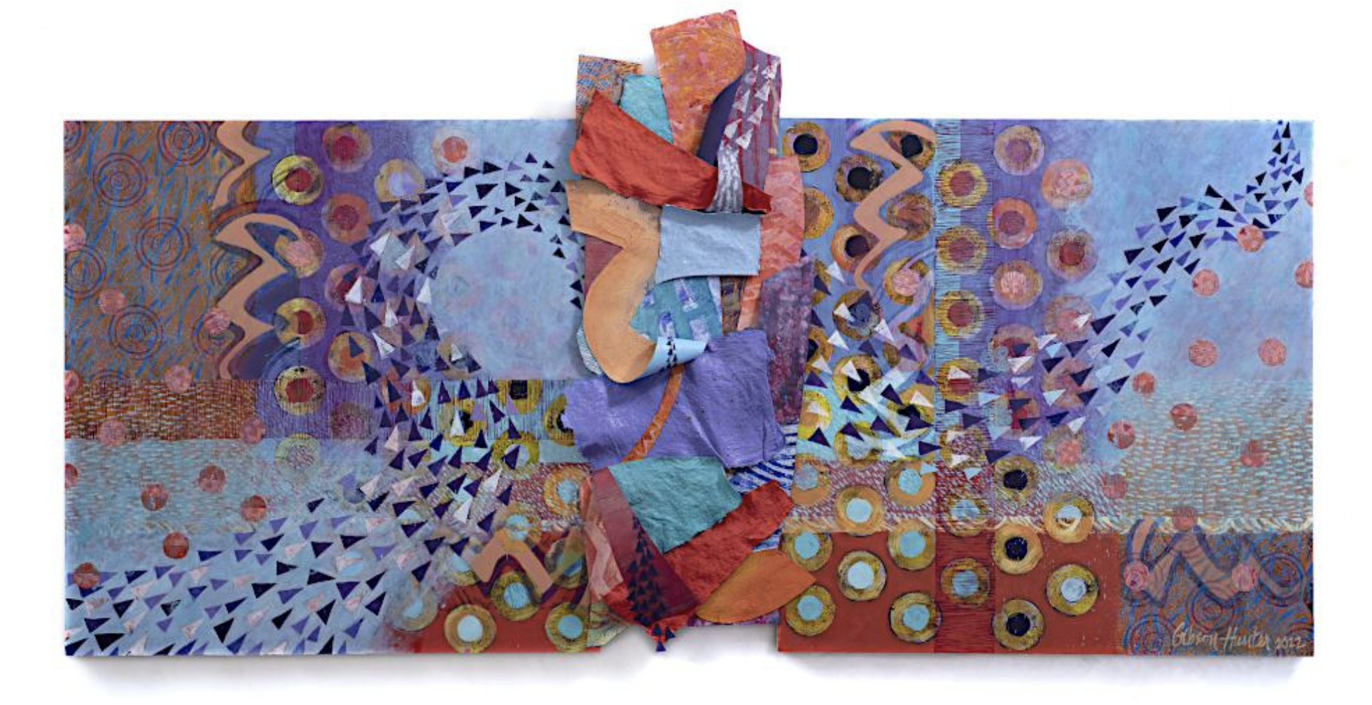 An abstract paper collage with oranges, blues, reds, and purples. A swarm of purple triangles crosses the center diagonally.