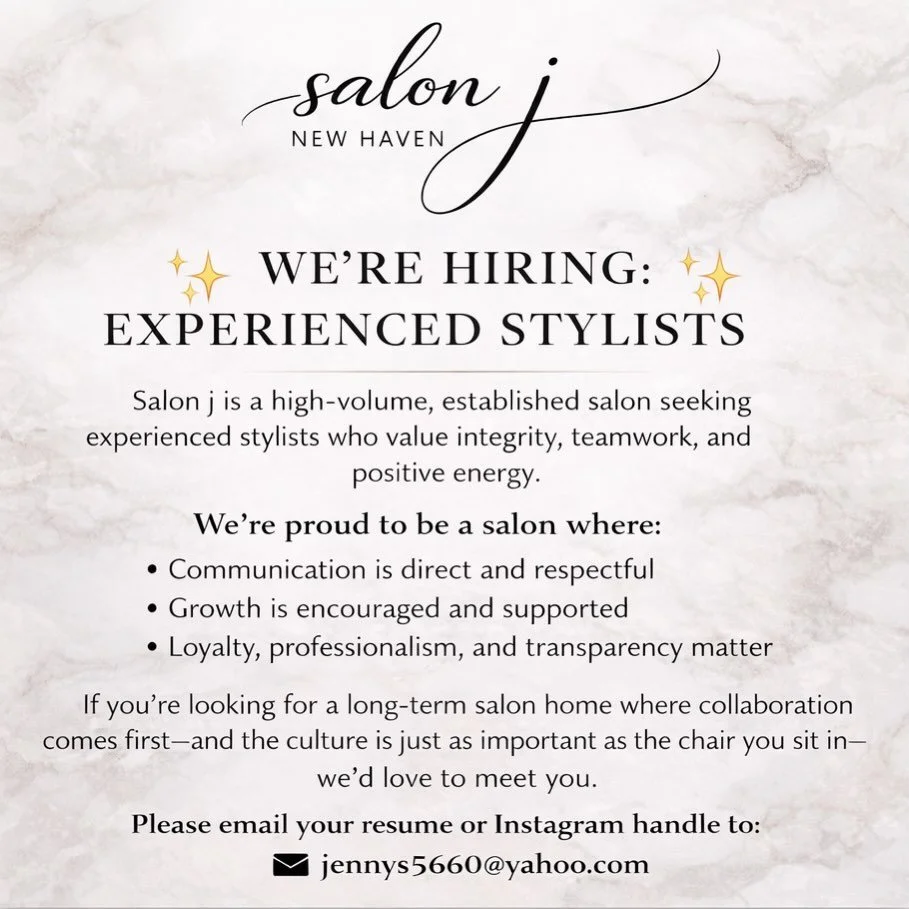 We&rsquo;re growing ✨
Salon J New Haven is hiring experienced stylists looking for a long-term salon home.
If you value culture, communication, and growth&mdash;we&rsquo;d love to meet you. 🤍✂️
&bull;
#cthairstylist #cthairsalon #newhavenhairstylist