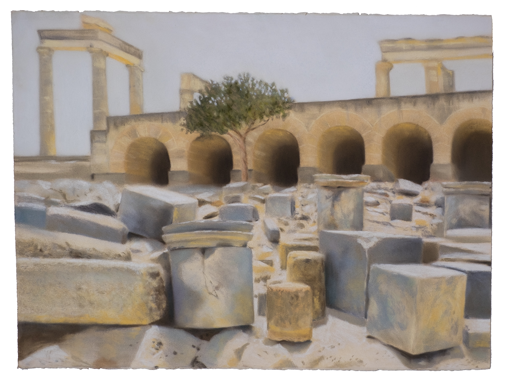 Lindos I (The Roman theatre midground,&nbsp;Temple of Athena rear). Pastel on paper.