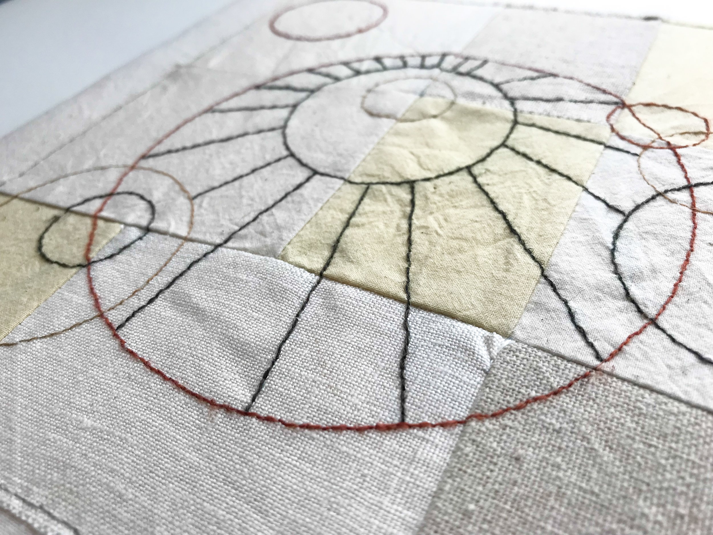  Patterns stitched on hand-dyed linen and cotton fabric. 