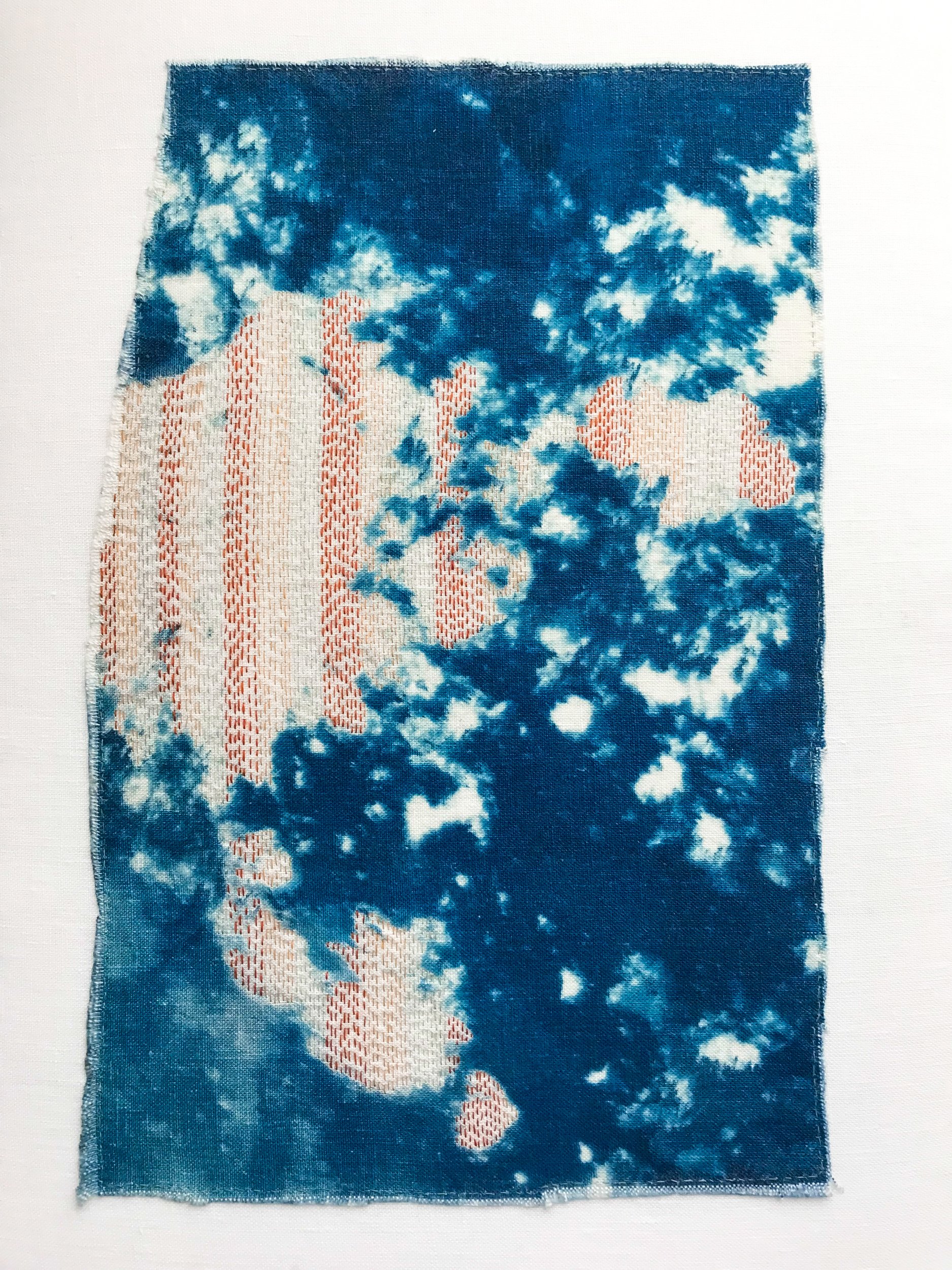  Created in the Pacific Ocean along the Oregon coast, these Cyanotypes were exposed to wind, sand, and saltwater, and then stitched with cotton thread. 