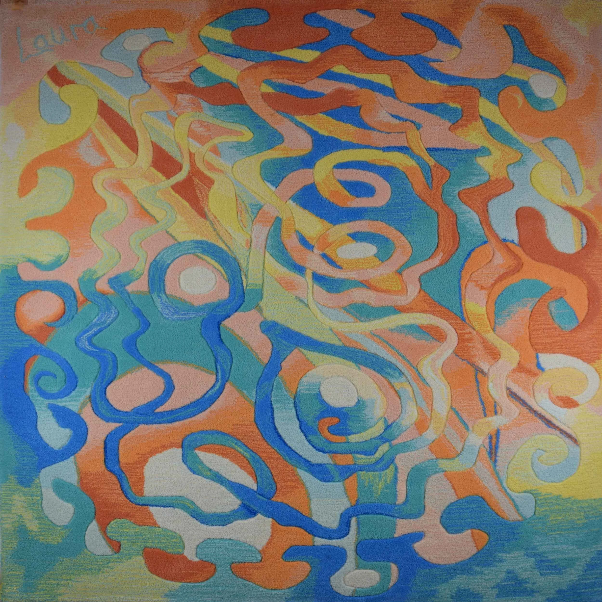 Abstract hand tufted textile rug with swirling, colorful lines and shapes in shades of blue, orange, yellow, and white.
