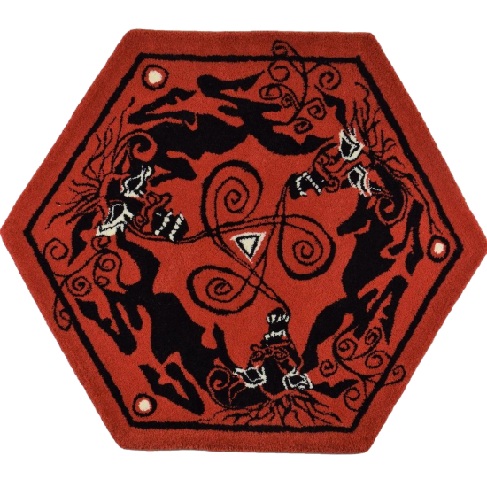 A hexagonal hand tufted rug anthropomorphic design with black tribal-style zoomorphic horse patterns, white skulls, red and black accents, and a central triangle design.